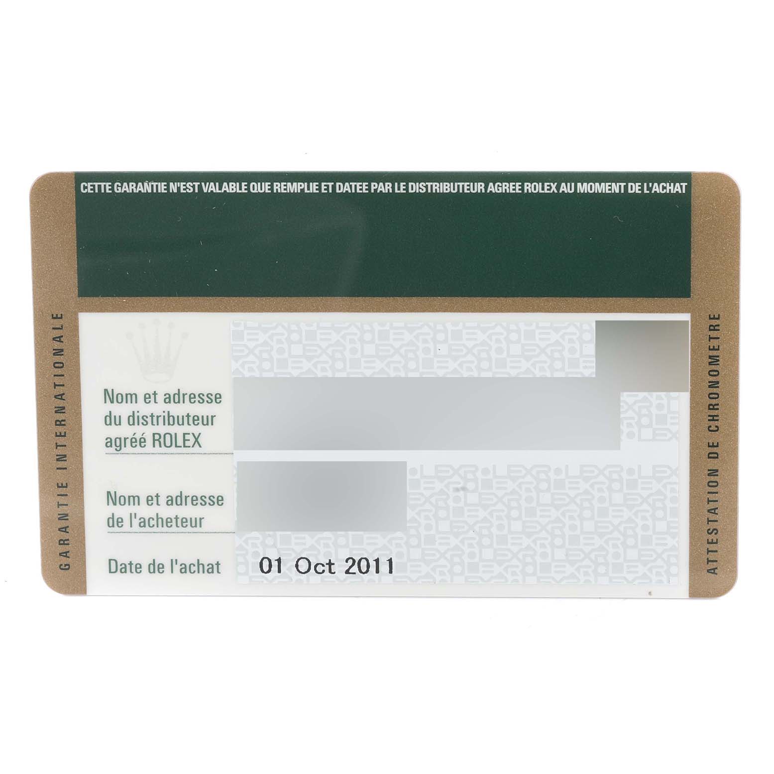 The image shows a warranty card for a Rolex Turn-o-Graph 116261 Men's Steel and Gold (two tone) Black Dial 116261 Men's Steel and Gold (two tone) Black Dial watch, dated 01 Oct 2011.