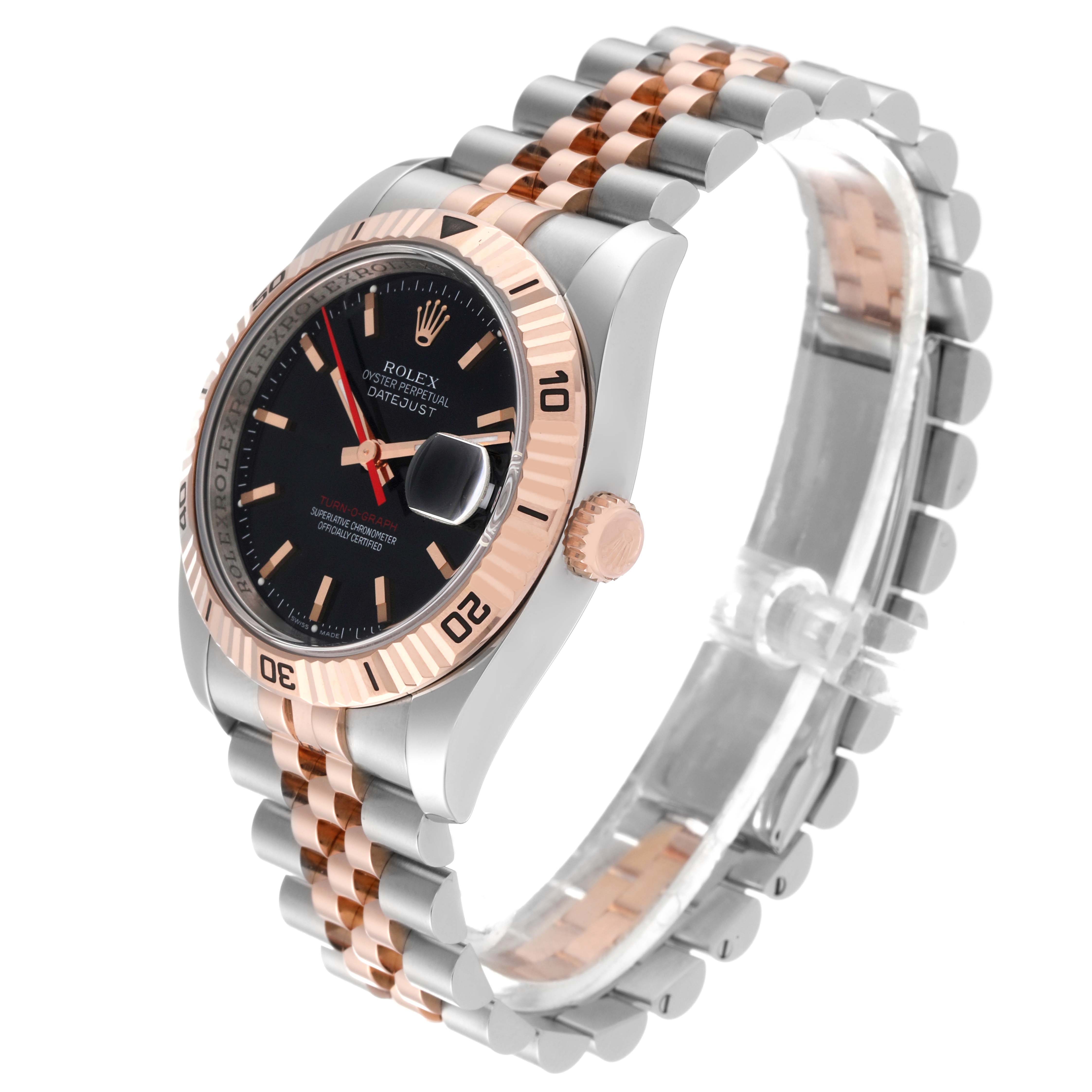 This image shows a Rolex Turn-o-Graph 116261 Men's Steel and Gold (two tone) Black Dial 116261 Men's Steel and Gold (two tone) Black Dial watch at a slight angle, highlighting the bezel, crown, dial, and bracelet.