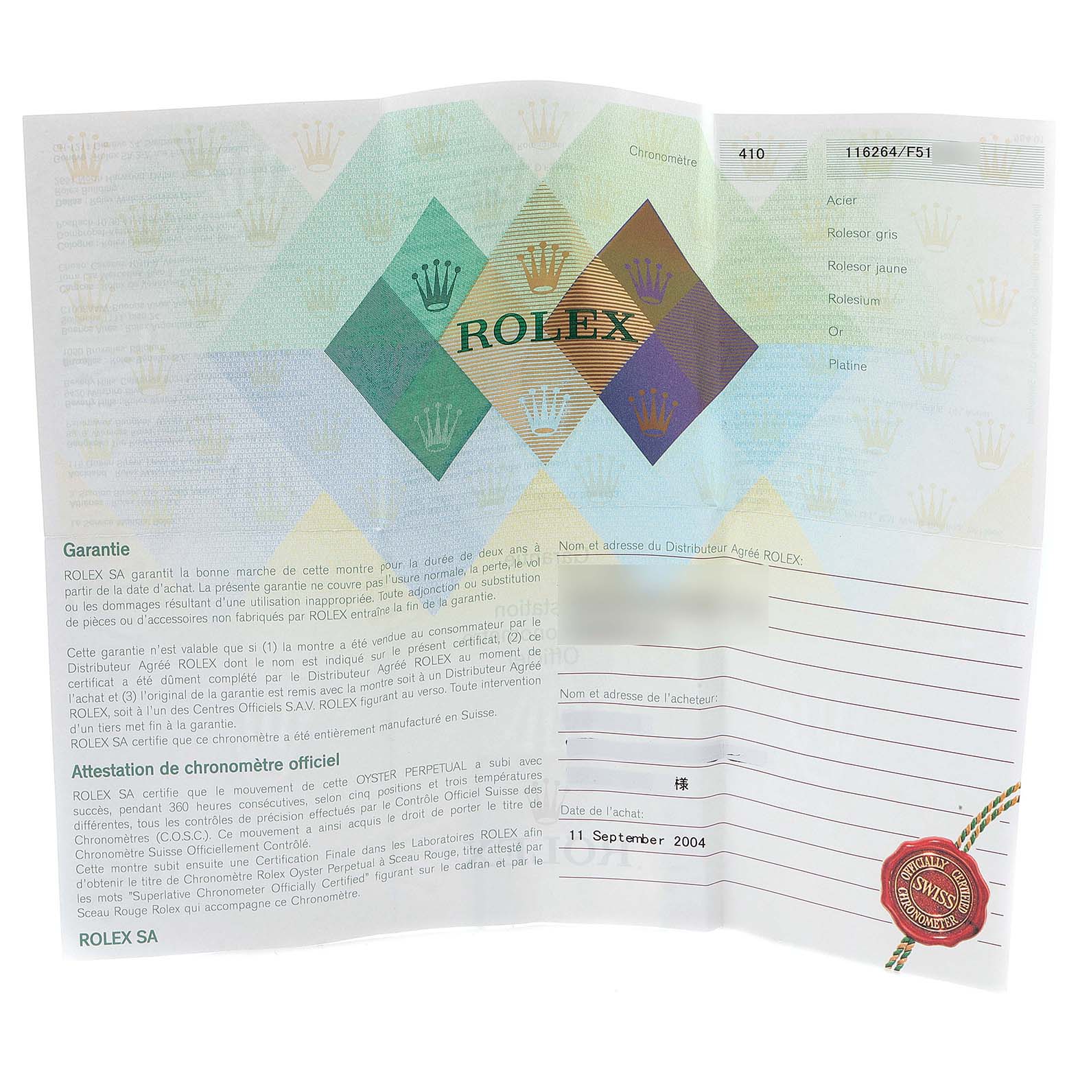 The image shows the warranty certificate and chronometer certification for a Rolex Turn-o-Graph 116264 Men's Stainless Steel Blue Dial 116264 Men's Stainless Steel Blue Dial watch.