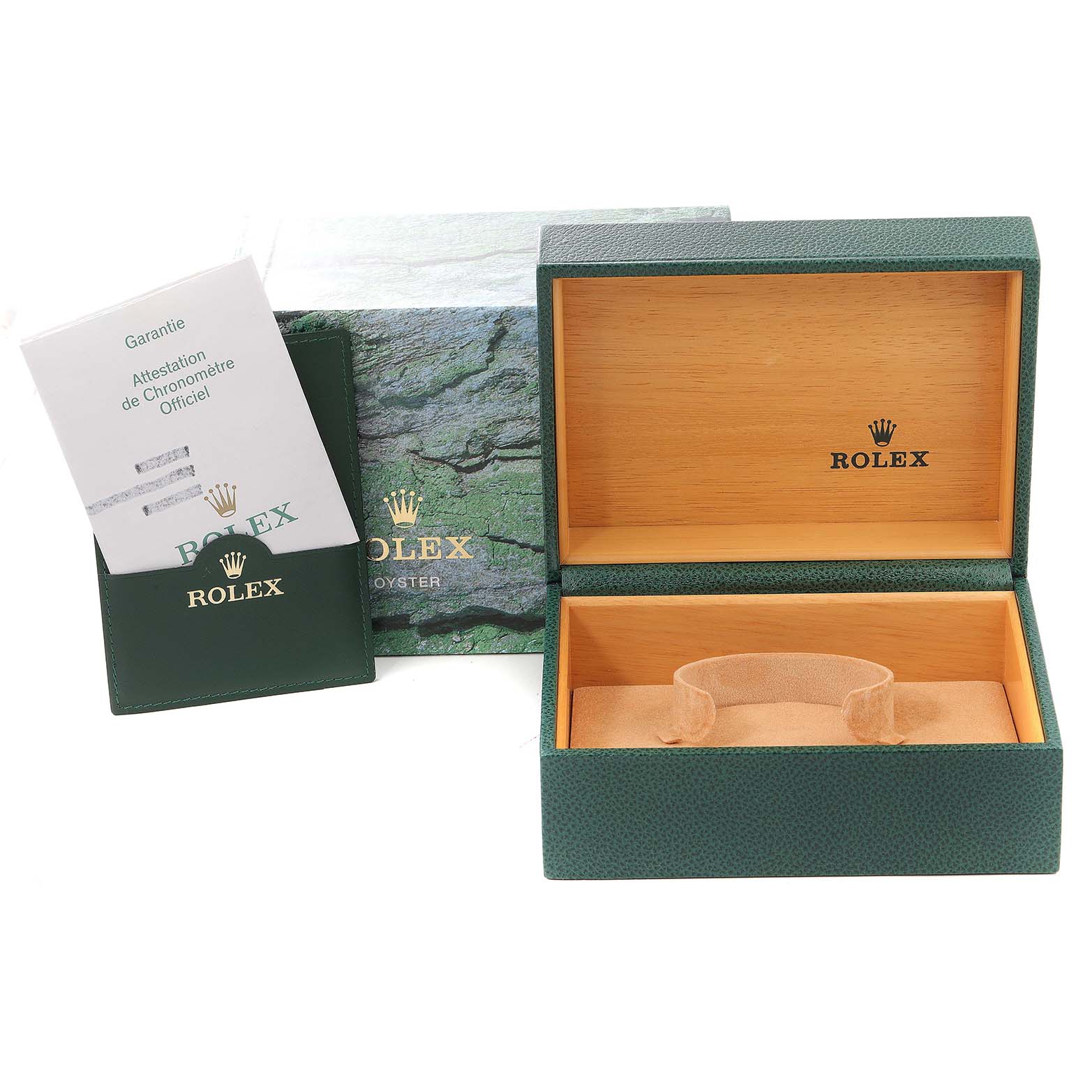 The image shows the box and warranty card for the Rolex Turn-o-Graph 116264 Men's Stainless Steel Blue Dial 116264 Men's Stainless Steel Blue Dial model, with the box open to reveal the interior.