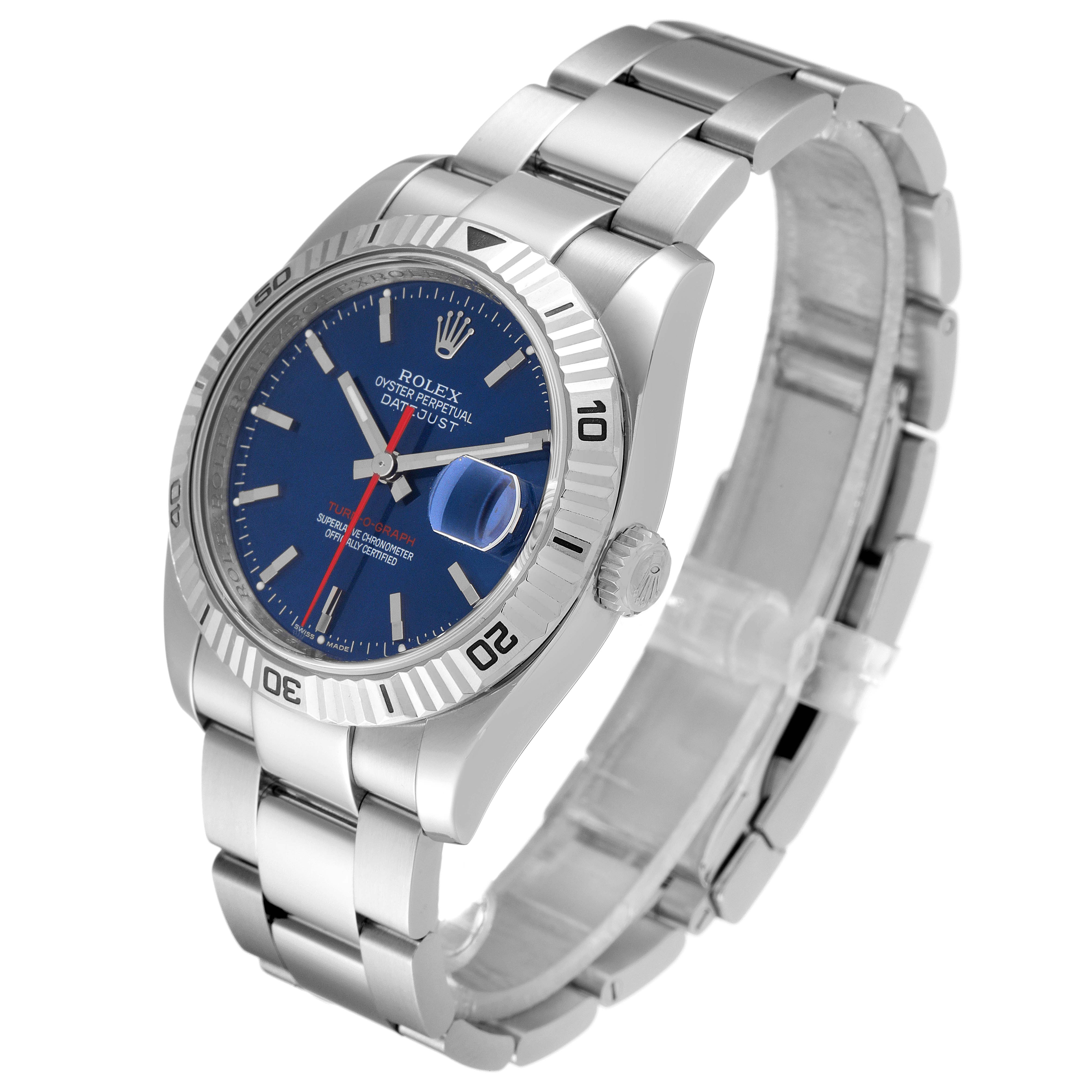 The image shows a Rolex Turn-o-Graph 116264 Men's Stainless Steel Blue Dial 116264 Men's Stainless Steel Blue Dial watch with a blue dial, visible crown, bezel, bracelet, and deployment clasp at a three-quarter angle.