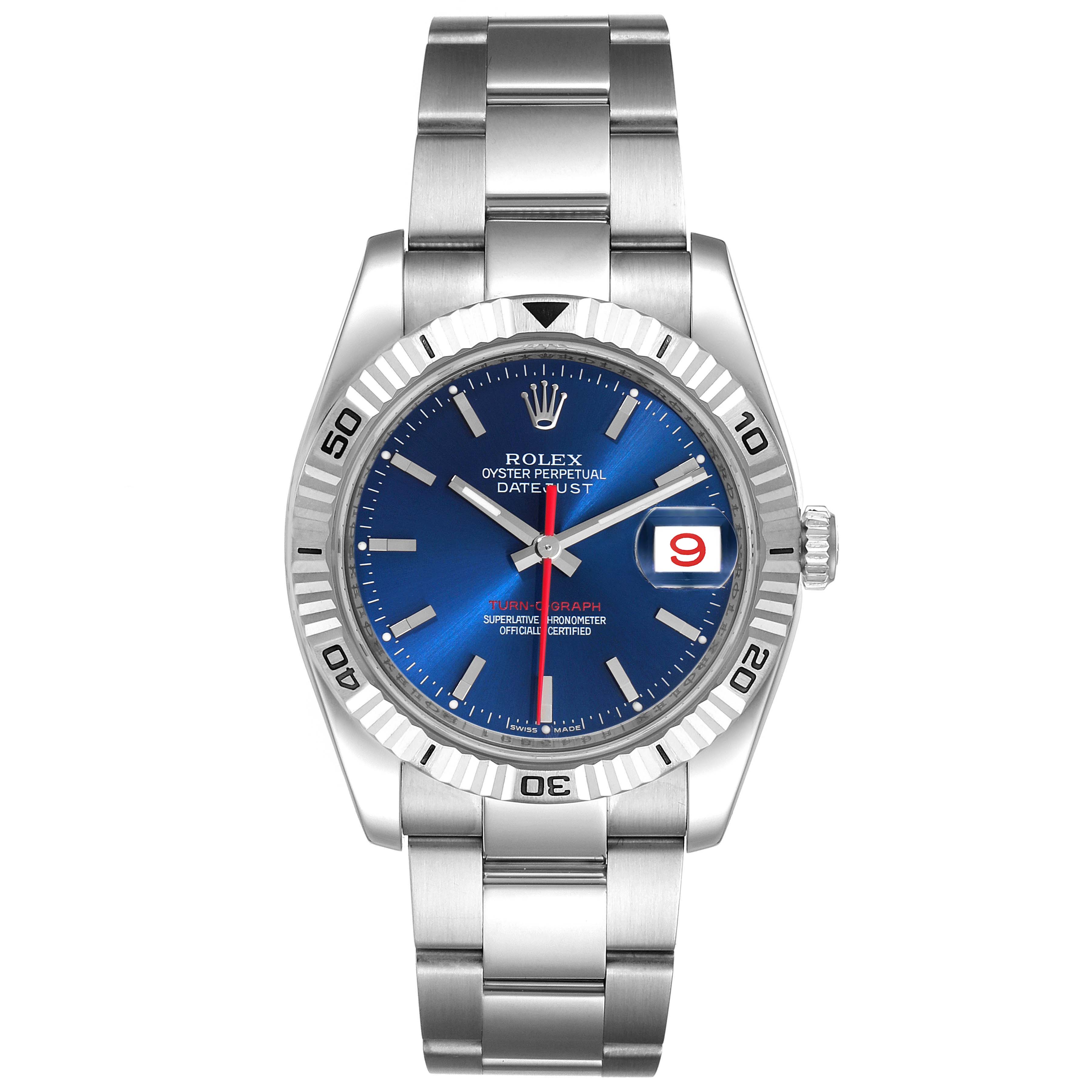 The image shows a front view of the Rolex Turn-o-Graph 116264 Men's Stainless Steel Blue Dial 116264 Men's Stainless Steel Blue Dial watch, highlighting its blue dial, date window, and stainless steel bracelet.