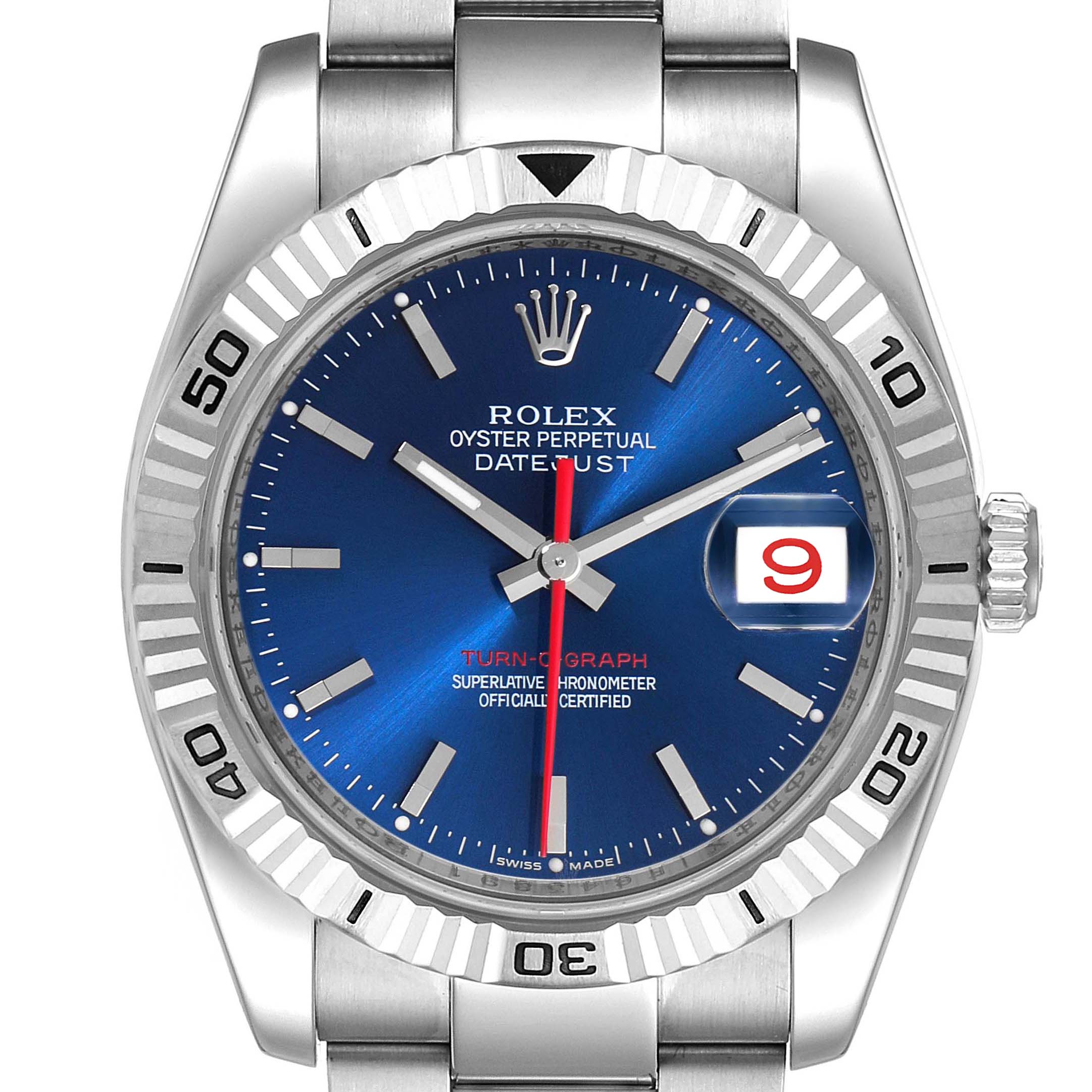 This image shows a front view of the Rolex Turn-o-Graph 116264 Men's Stainless Steel Blue Dial 116264 Men's Stainless Steel Blue Dial watch with a blue dial, fluted bezel, and a date display.