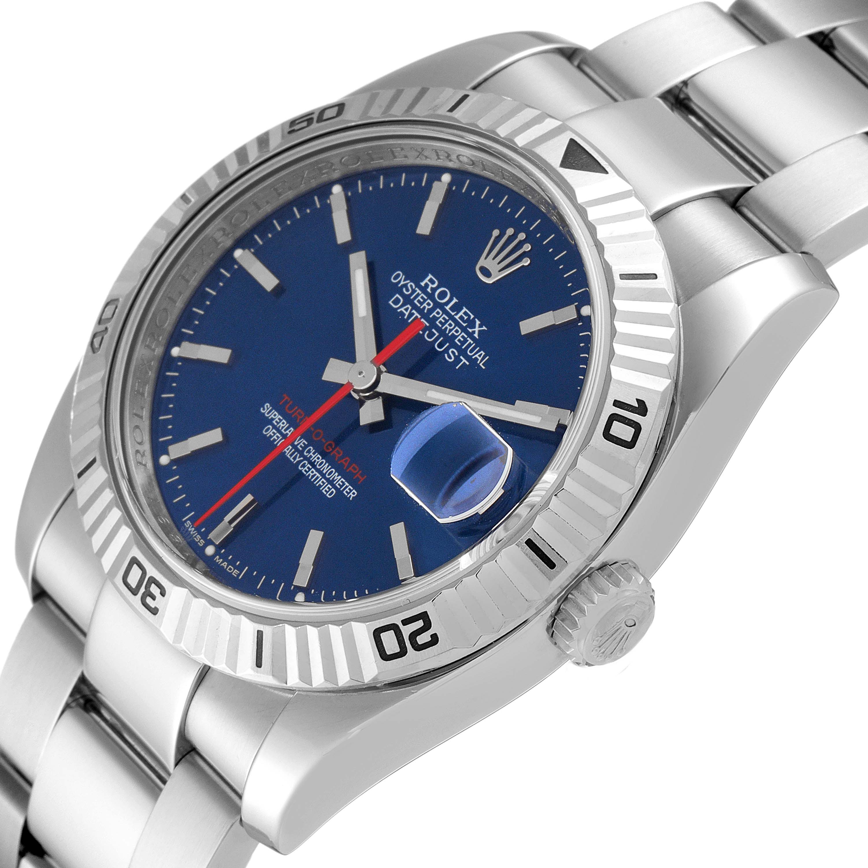 The image shows a close-up angle of a Rolex Turn-o-Graph 116264 Men's Stainless Steel Blue Dial 116264 Men's Stainless Steel Blue Dial watch, highlighting the bezel, dial, crown, and bracelet.