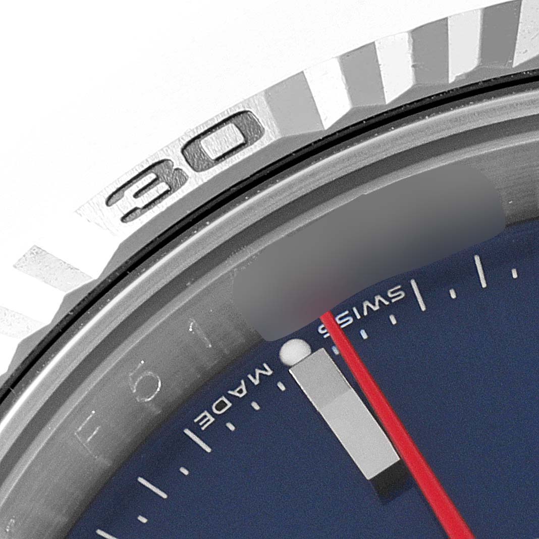 The image shows a close-up of the bezel, dial, and seconds hand of a Rolex Turn-o-Graph 116264 Men's Stainless Steel Blue Dial 116264 Men's Stainless Steel Blue Dial watch.