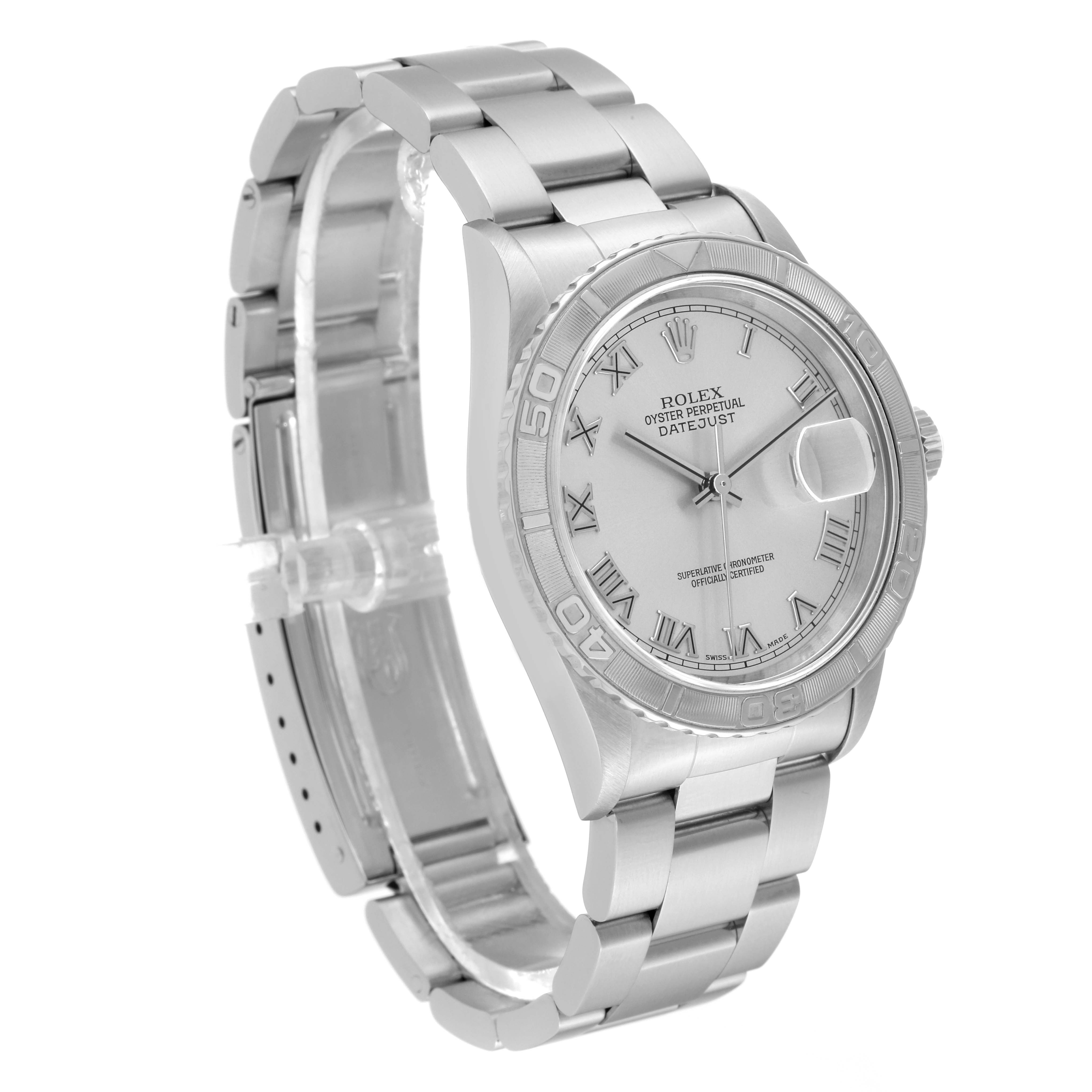 The image shows a Rolex Turn-o-Graph 16264 Men
s Stainless Steel Silver Dial 16264 Men
s Stainless Steel Silver Dial model watch from a three-quarter front angle, displaying the face, bezel, and part of the bracelet.
