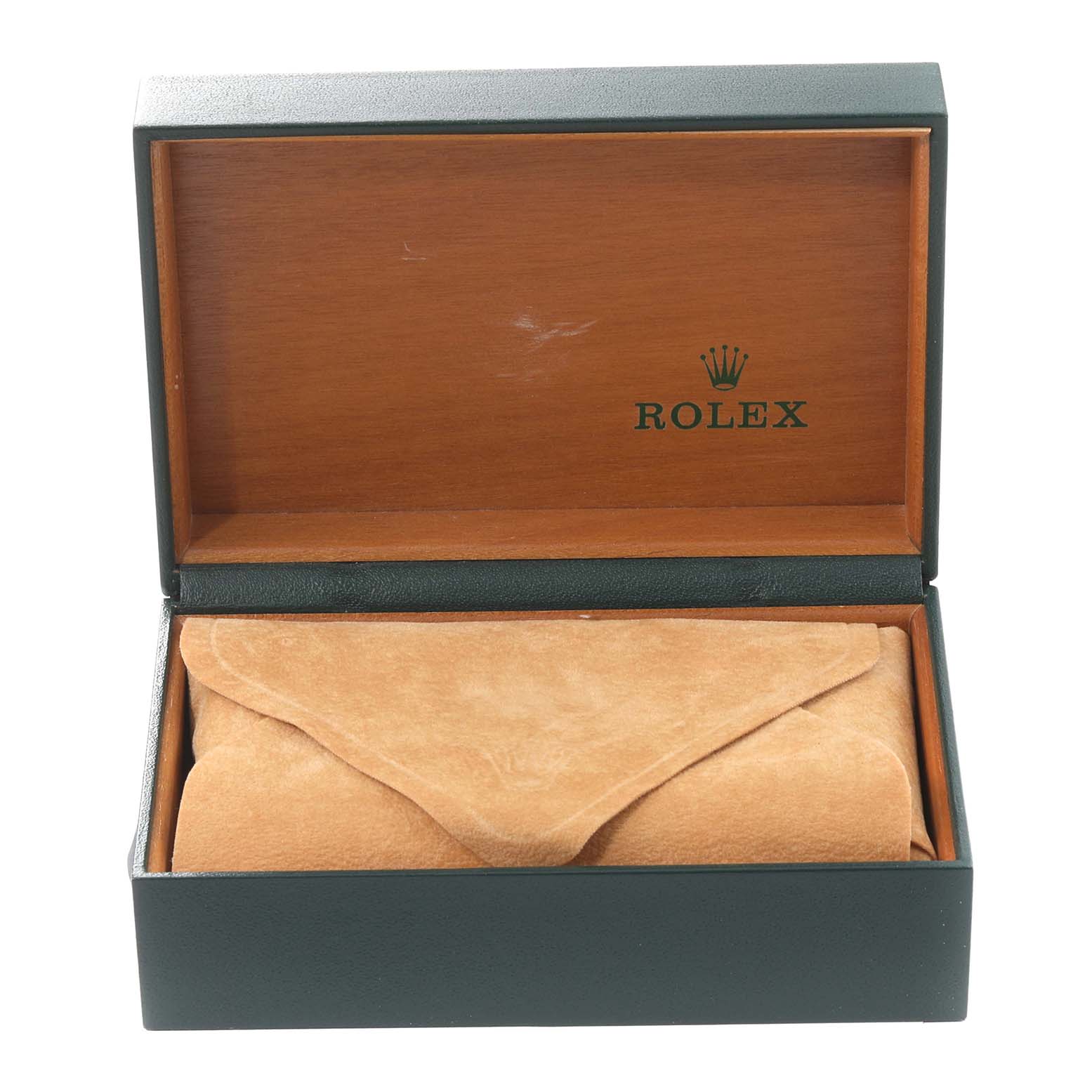 The image shows an open Rolex watch box with the interior wood panel and a beige suede pouch, labeled for the Turn-o-Graph model.