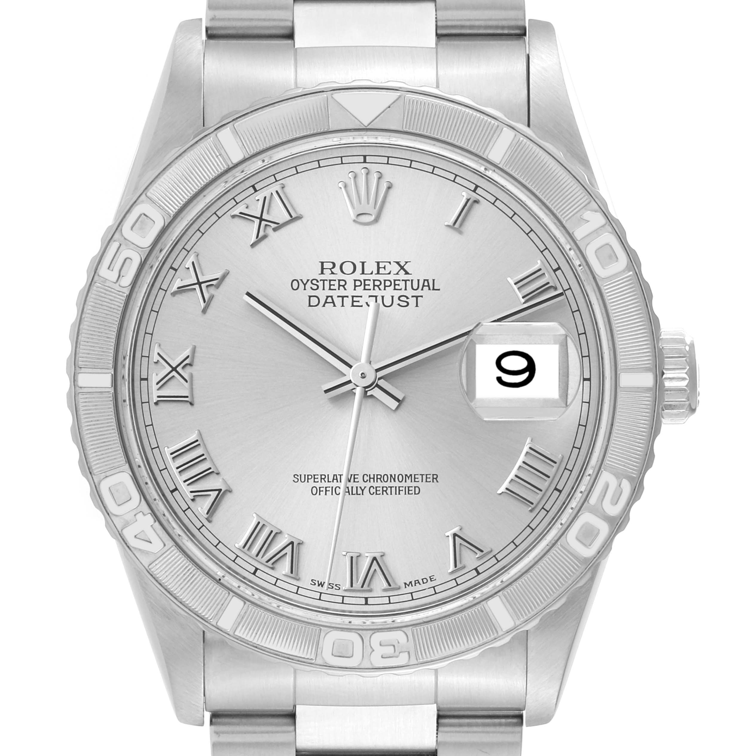 This image shows the frontal view of a Rolex Turn-o-Graph 16264 Men
s Stainless Steel Silver Dial 16264 Men
s Stainless Steel Silver Dial watch, highlighting the dial, bezel, and bracelet.