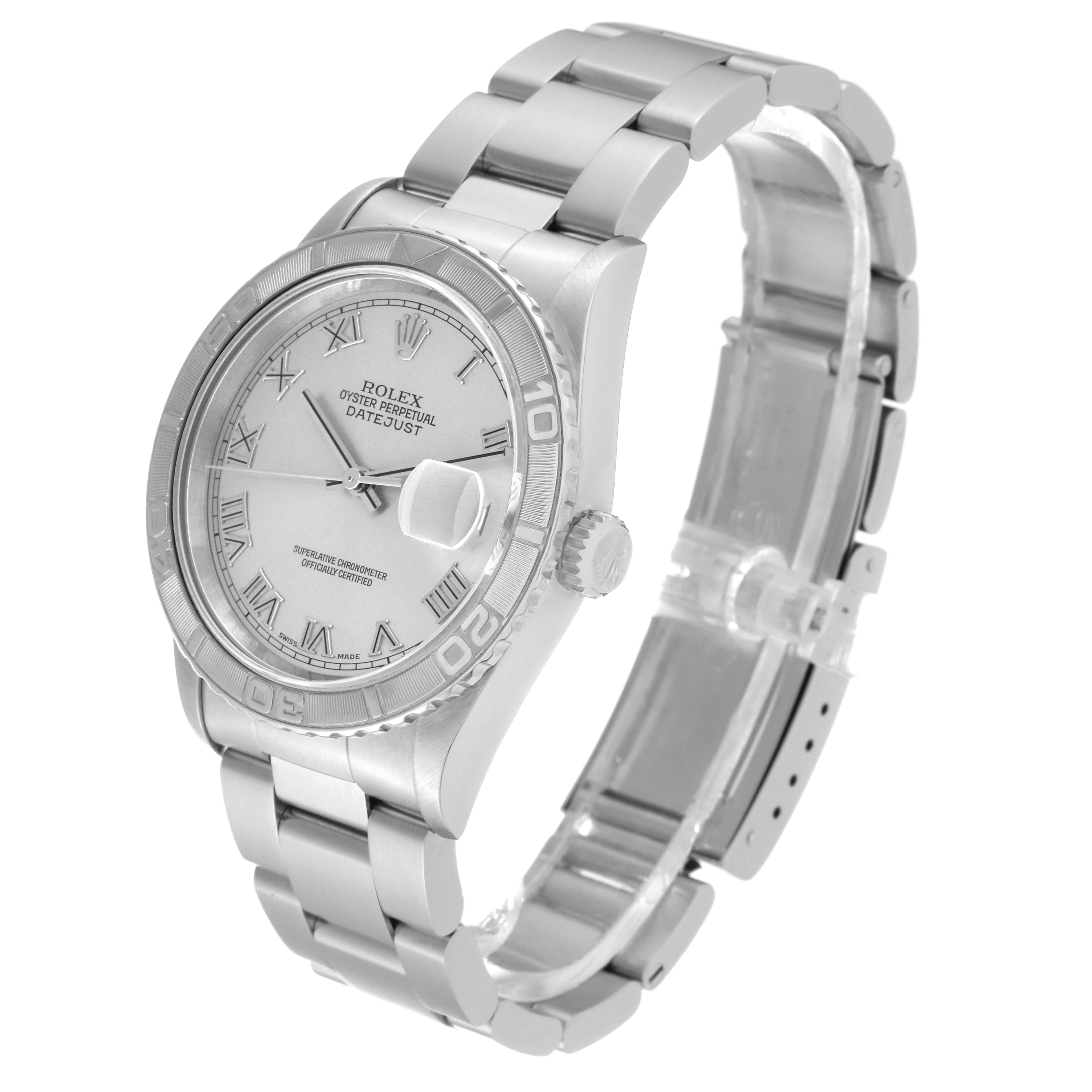 The Rolex Turn-o-Graph 16264 Men
s Stainless Steel Silver Dial 16264 Men
s Stainless Steel Silver Dial watch is displayed at a three-quarter angle, showing the bezel, dial, crown, and bracelet.