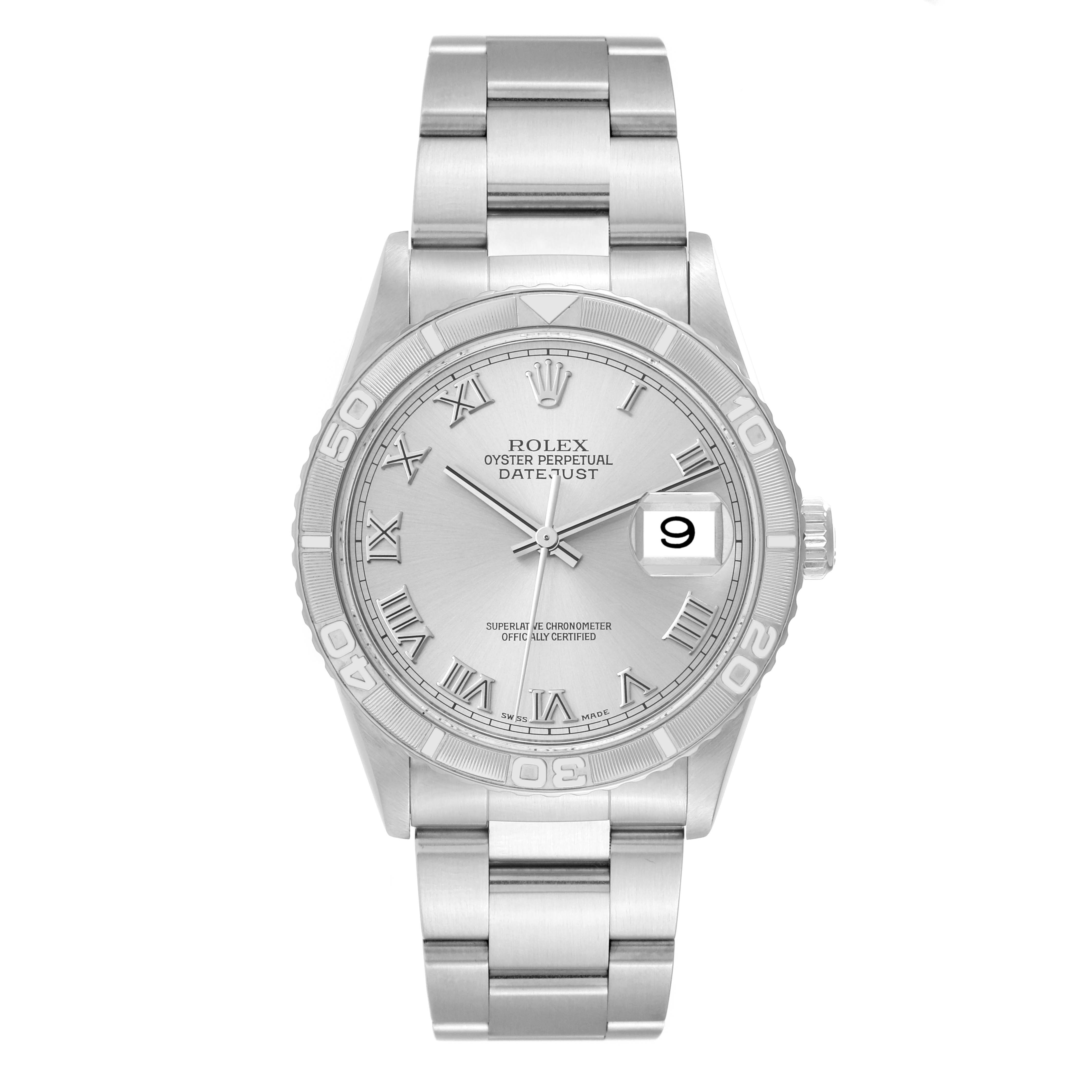 The image shows a front view of a Rolex Turn-o-Graph 16264 Men
s Stainless Steel Silver Dial 16264 Men
s Stainless Steel Silver Dial watch, highlighting its dial, bezel, and bracelet.