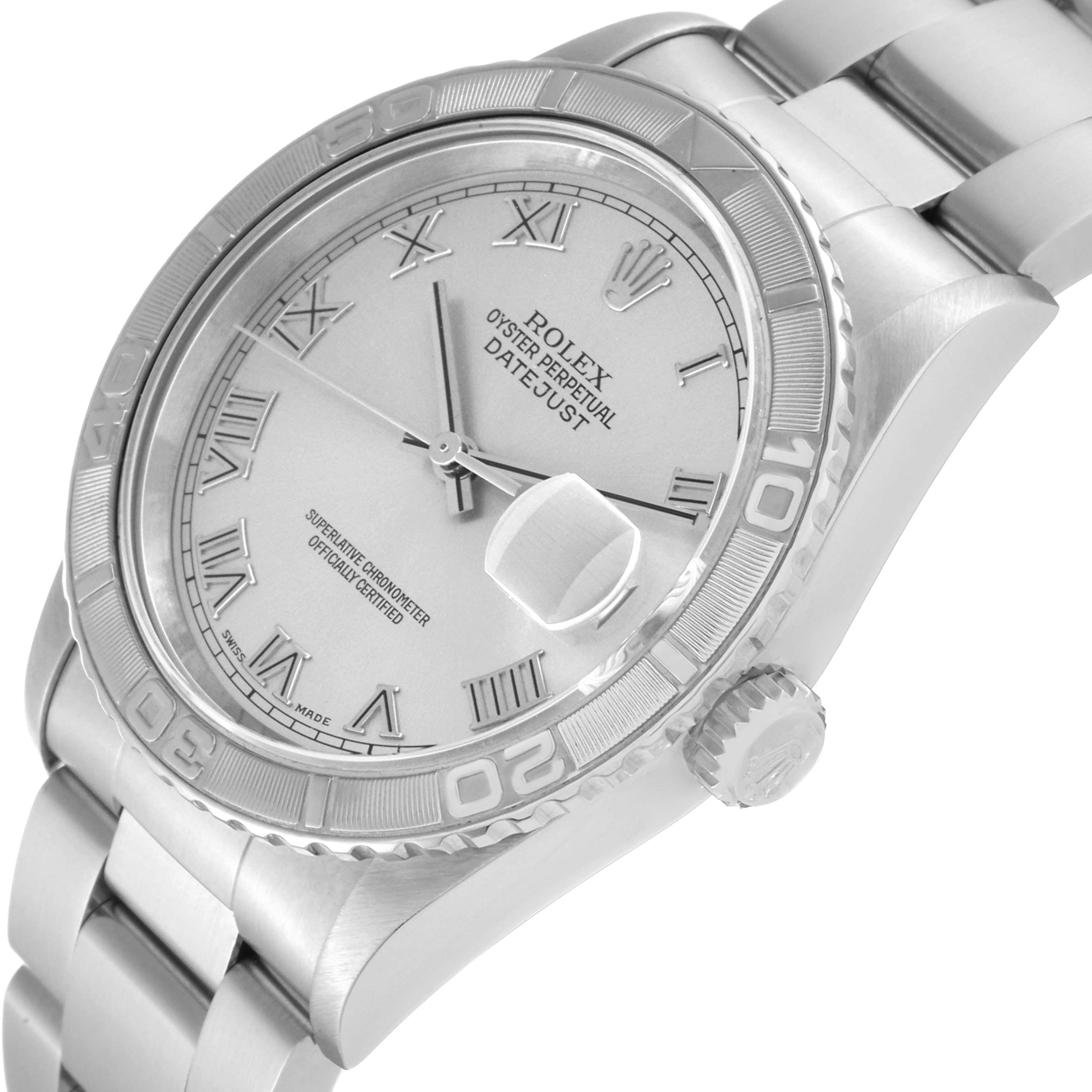 The image shows a close-up angle of the Rolex Turn-o-Graph 16264 Men
s Stainless Steel Silver Dial 16264 Men
s Stainless Steel Silver Dial watch, highlighting its dial, bezel, and bracelet.