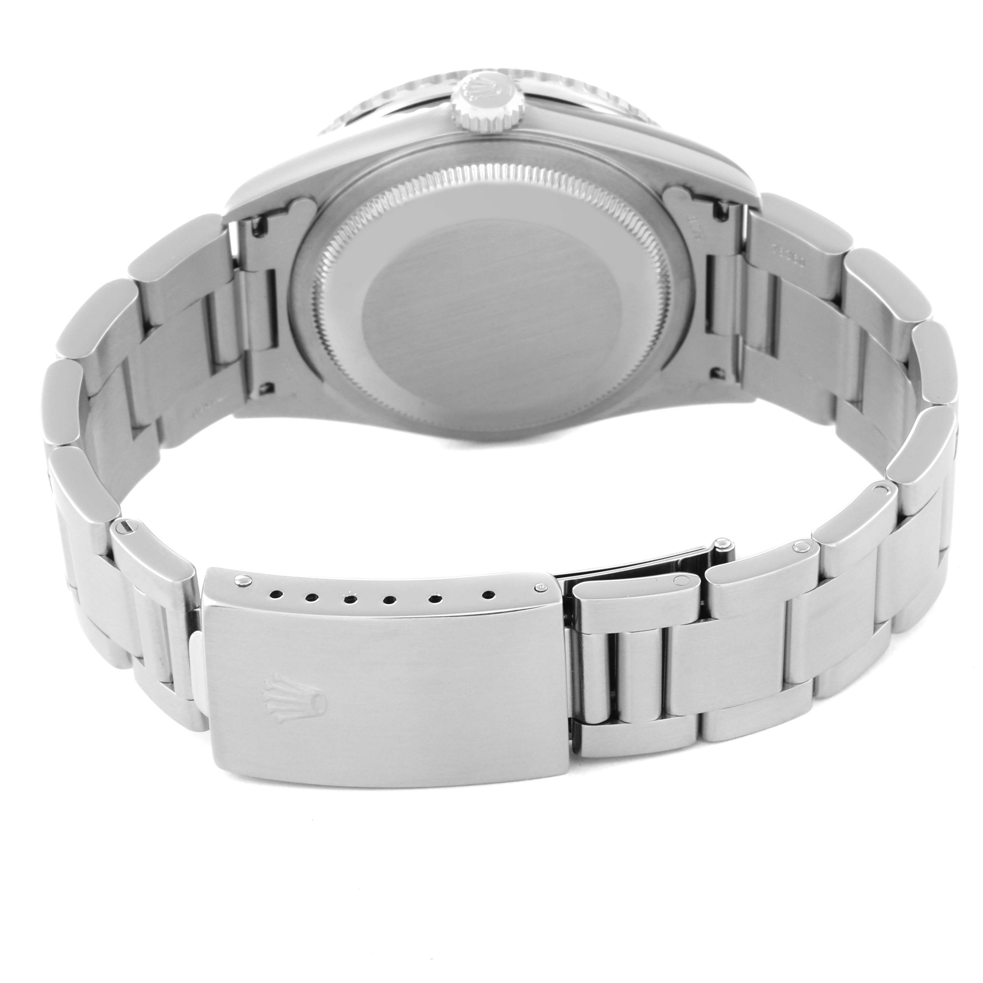 This image shows the back view of a Rolex Turn-o-Graph 16264 Men
s Stainless Steel Silver Dial 16264 Men
s Stainless Steel Silver Dial watch, featuring its stainless steel bracelet and clasp.