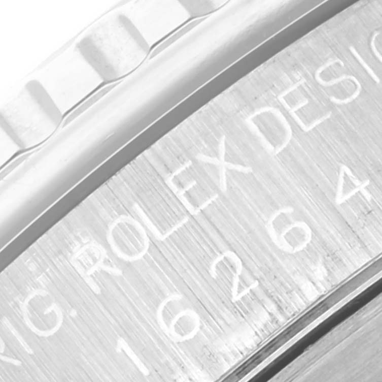 This close-up image shows the engraved branding and model number on the side of the Rolex Turn-o-Graph 16264 Men
s Stainless Steel Silver Dial 16264 Men
s Stainless Steel Silver Dial watch case.