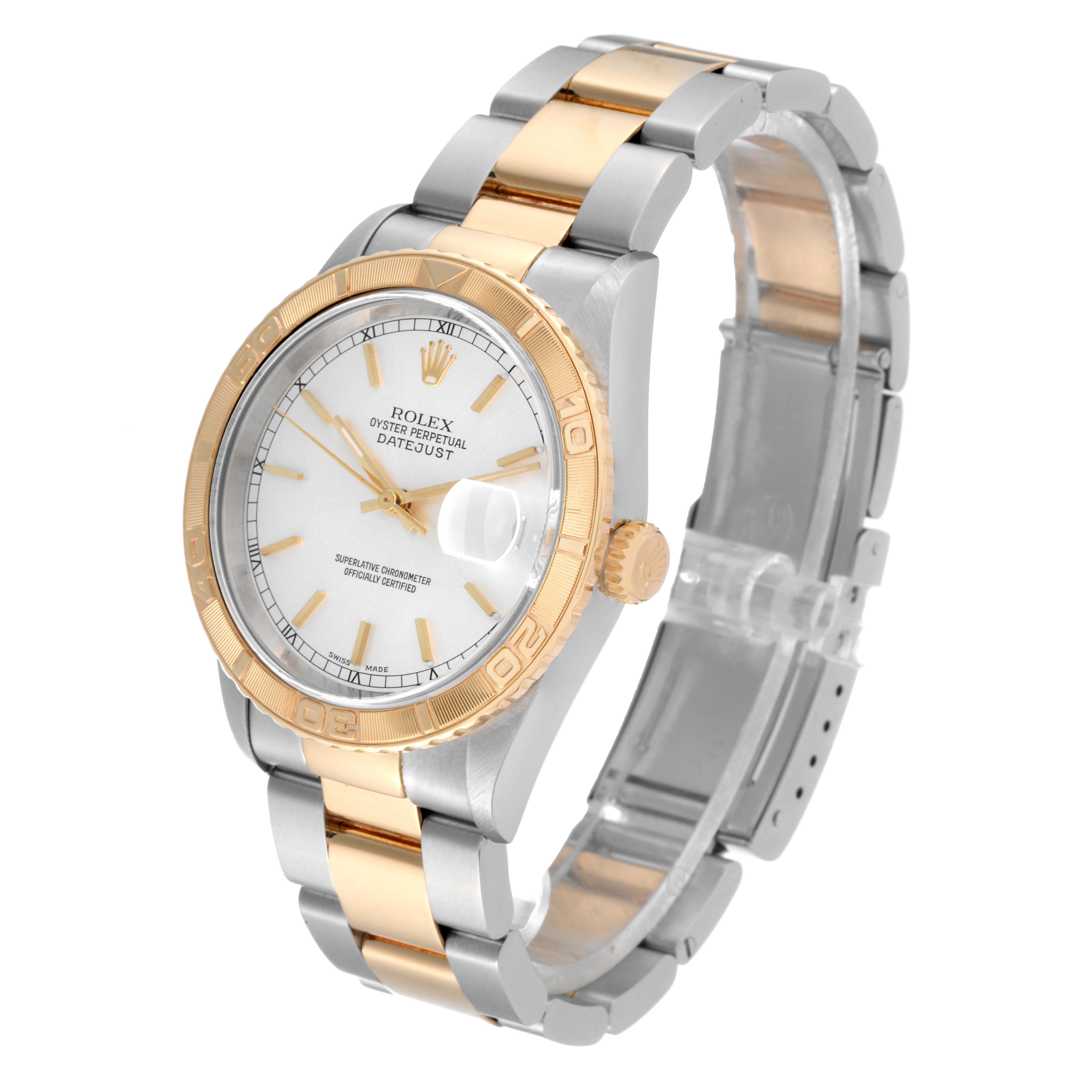 The Rolex Turn-o-Graph 16263 Men
s Steel and Gold (two tone) Silver Dial 16263 Men
s Steel and Gold (two tone) Silver Dial watch is shown at a slight angle, highlighting the face, bezel, crown, and two-tone bracelet.