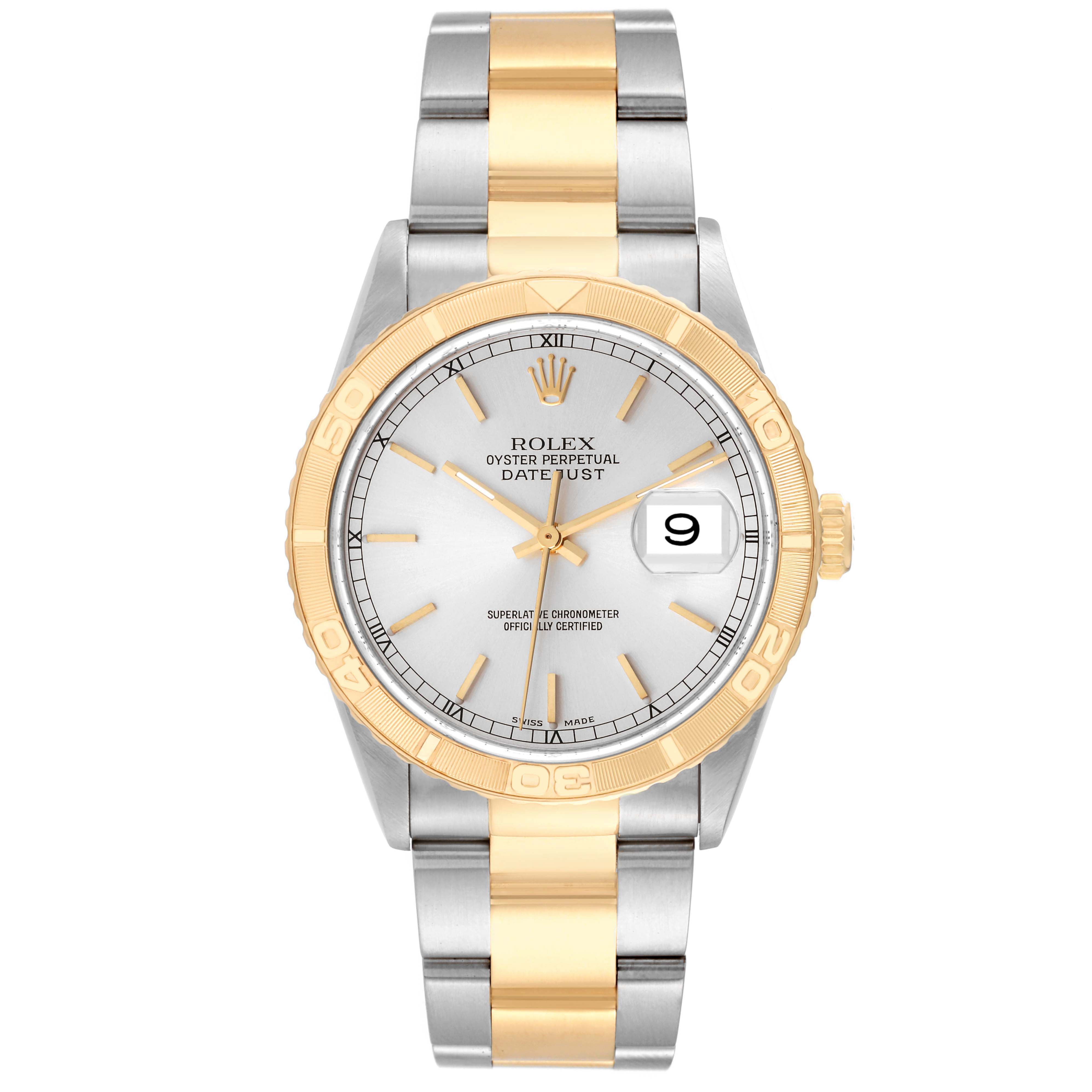 The image shows a Rolex Turn-o-Graph 16263 Men
s Steel and Gold (two tone) Silver Dial 16263 Men
s Steel and Gold (two tone) Silver Dial watch from a front angle, displaying its dial, bezel, and two-tone bracelet.
