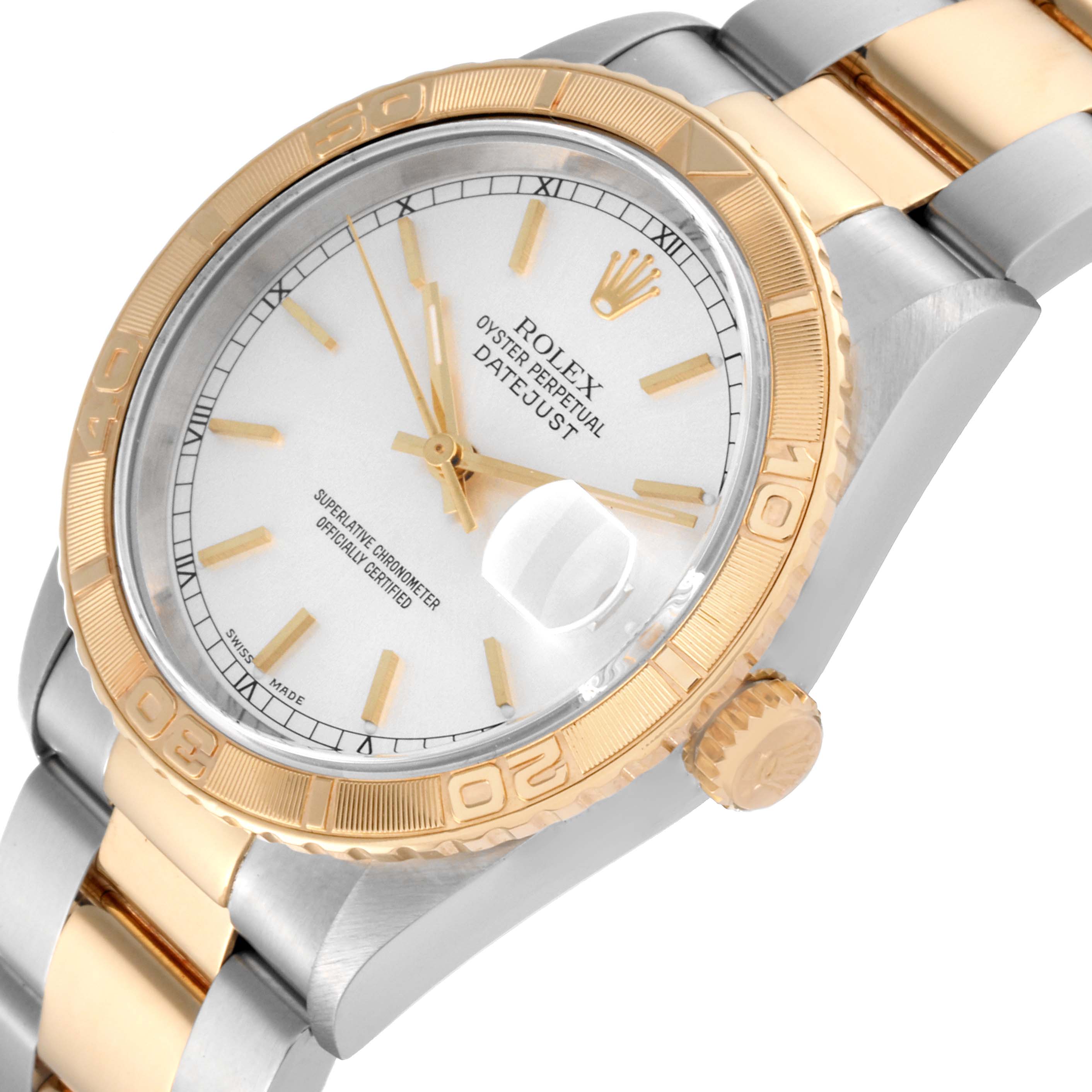 The image shows a close-up angle of the Rolex Turn-o-Graph 16263 Men
s Steel and Gold (two tone) Silver Dial 16263 Men
s Steel and Gold (two tone) Silver Dial, displaying the dial, bezel, crown, and part of the bracelet.