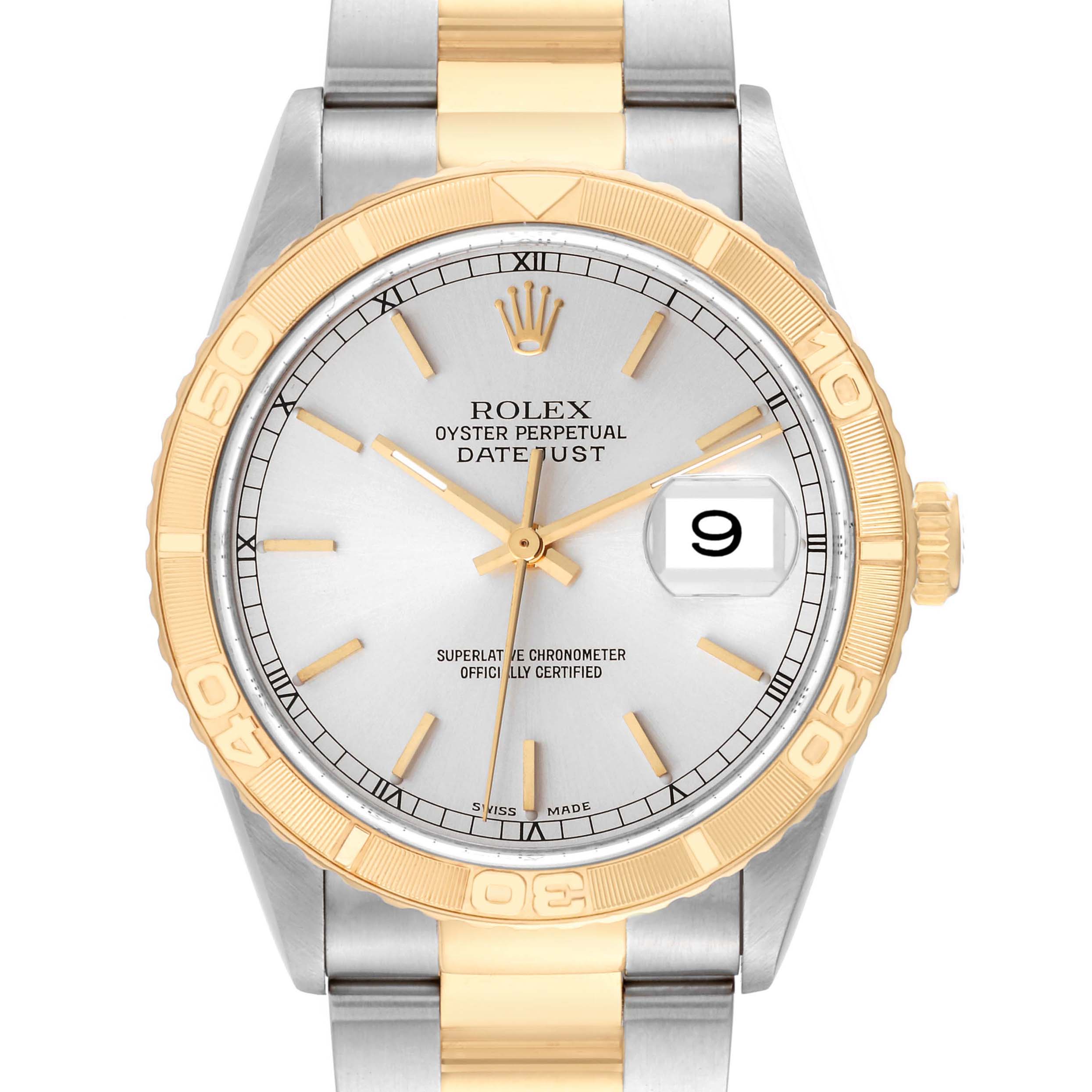 This is a front view of the Rolex Turn-o-Graph 16263 Men
s Steel and Gold (two tone) Silver Dial 16263 Men
s Steel and Gold (two tone) Silver Dial, showcasing its dial, bezel, hands, date display, and part of the bracelet.