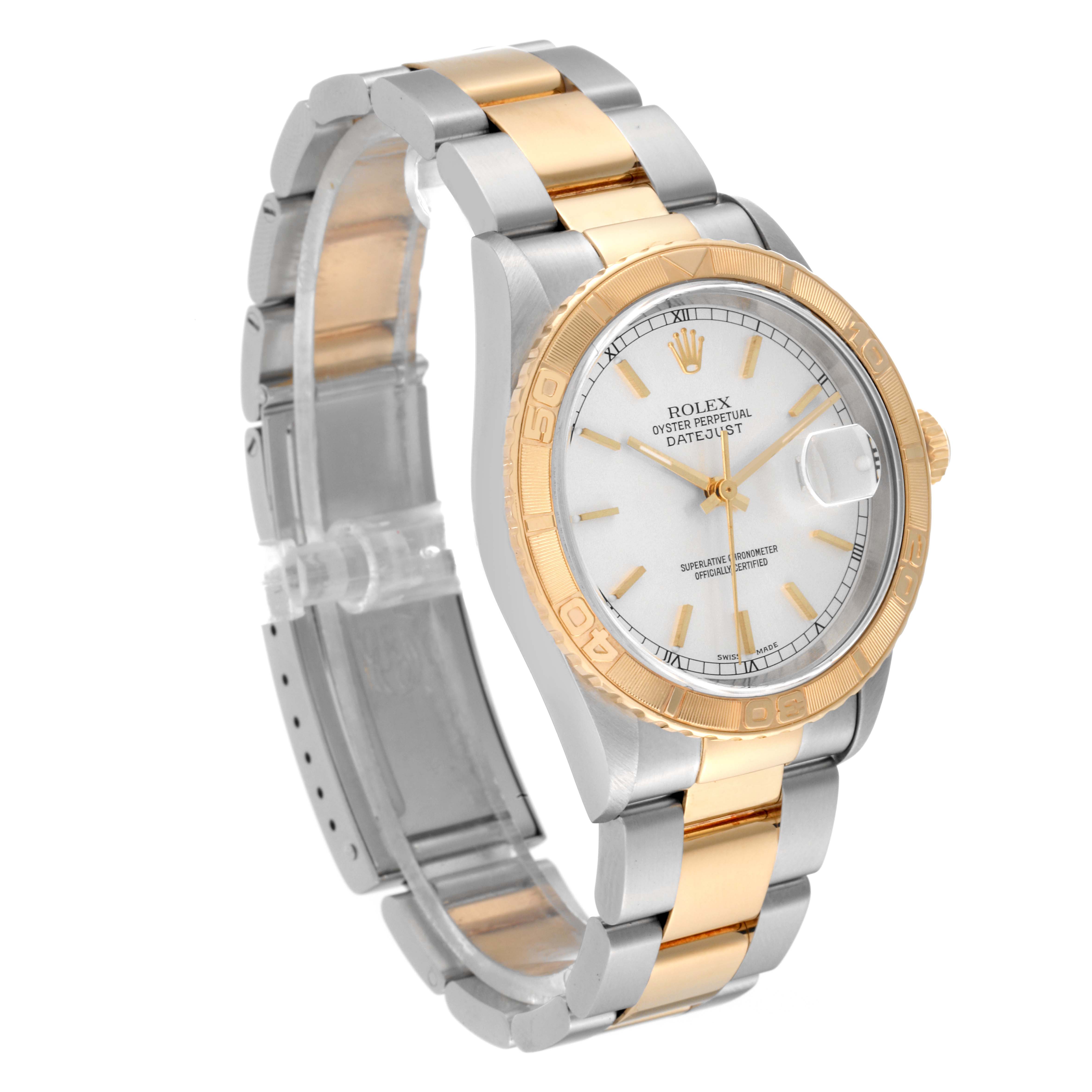 The image shows the front and side view of a Rolex Turn-o-Graph 16263 Men
s Steel and Gold (two tone) Silver Dial 16263 Men
s Steel and Gold (two tone) Silver Dial watch with a two-tone metal strap and bezel.