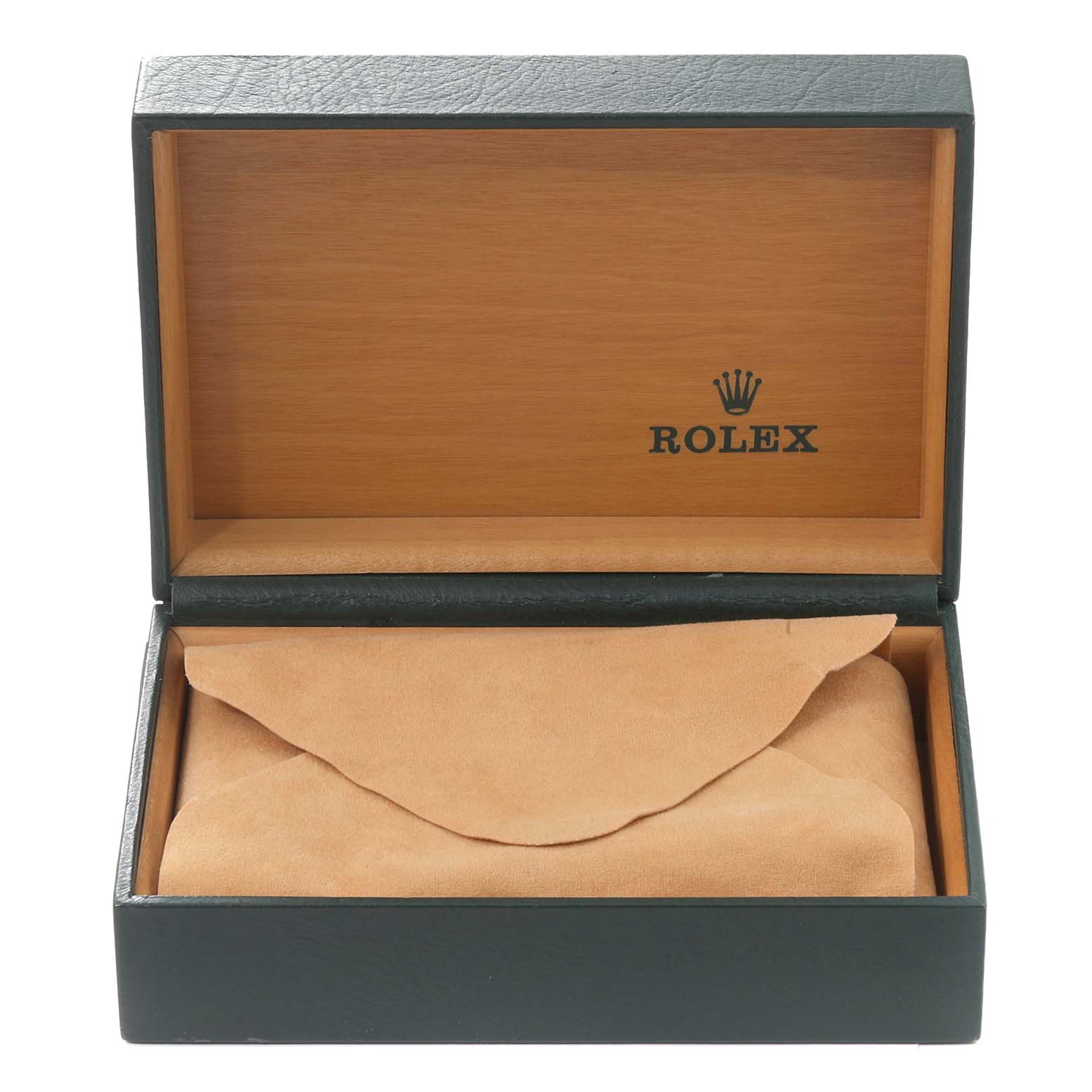The image shows an open box for a Rolex Turn-o-Graph 16263 Men
s Steel and Gold (two tone) Silver Dial 16263 Men
s Steel and Gold (two tone) Silver Dial watch, displaying the interior lining and a suede pouch.
