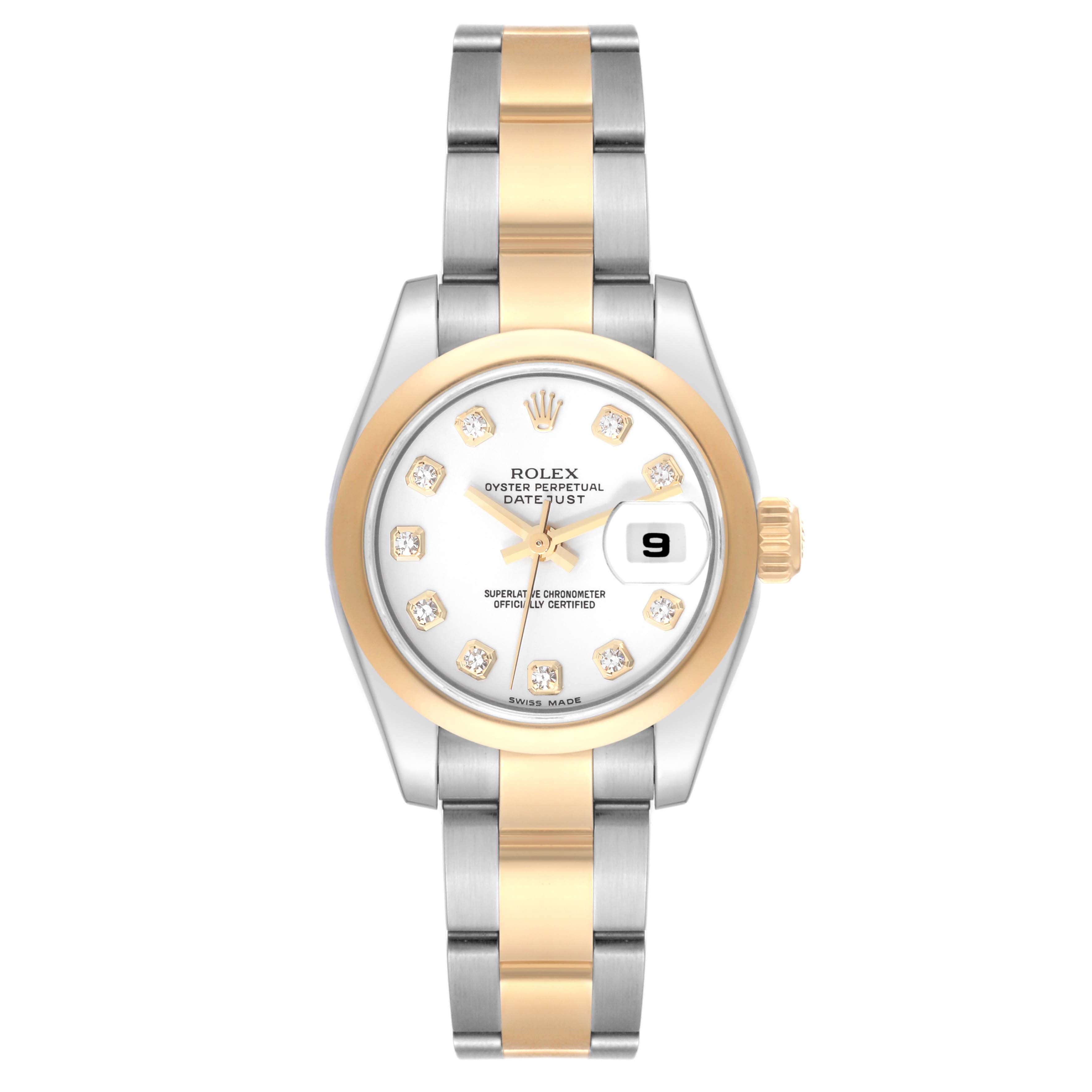 The image shows a front view of a Rolex Datejust 179163 Women's Steel and Gold (two tone) White Dial 179163 Women's Steel and Gold (two tone) White Dial watch, showcasing its two-tone bracelet, white dial, and date window.
