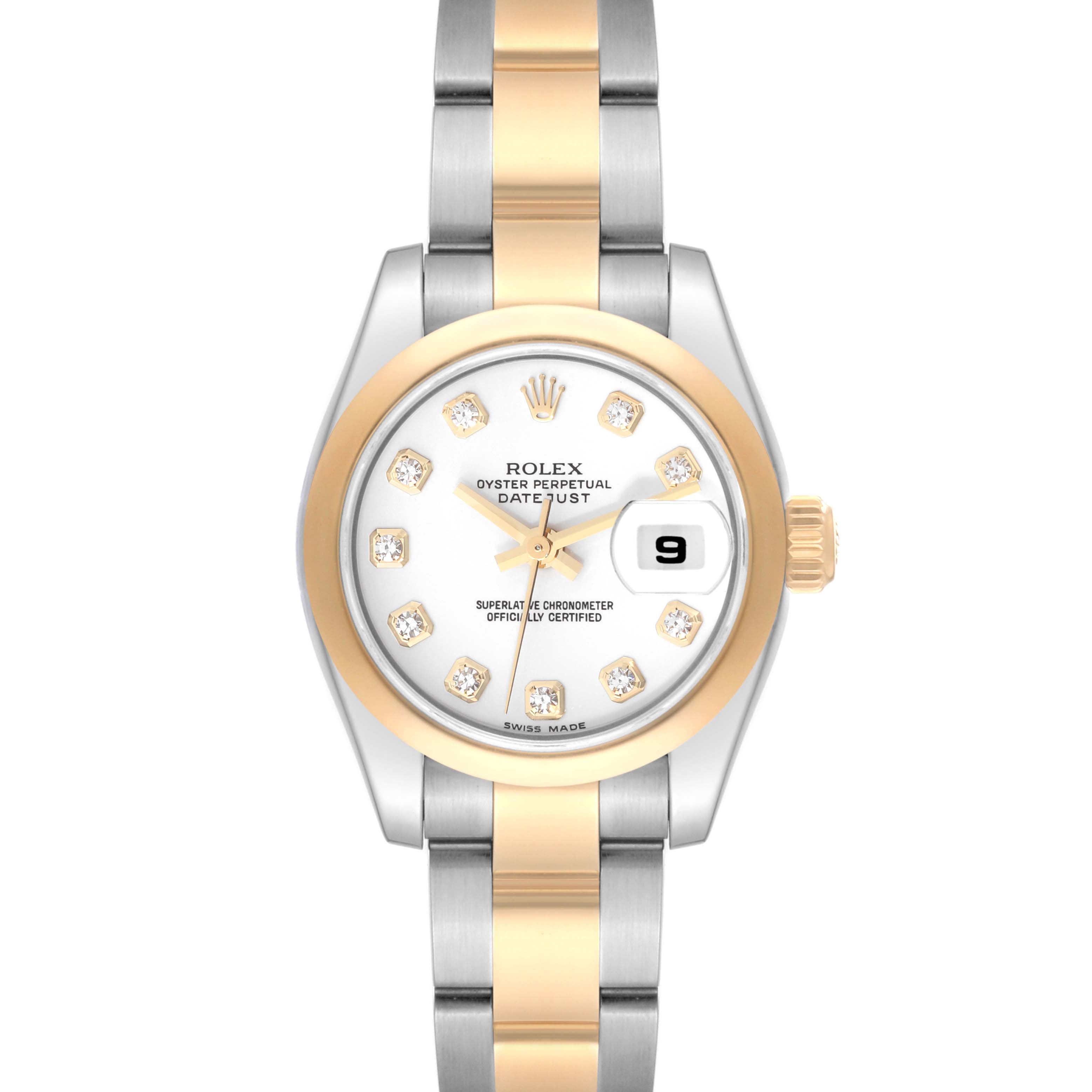 This image shows a frontal view of a Rolex Datejust 179163 Women's Steel and Gold (two tone) White Dial 179163 Women's Steel and Gold (two tone) White Dial watch, displaying its dial, hands, bezel, crown, and dual-tone bracelet.