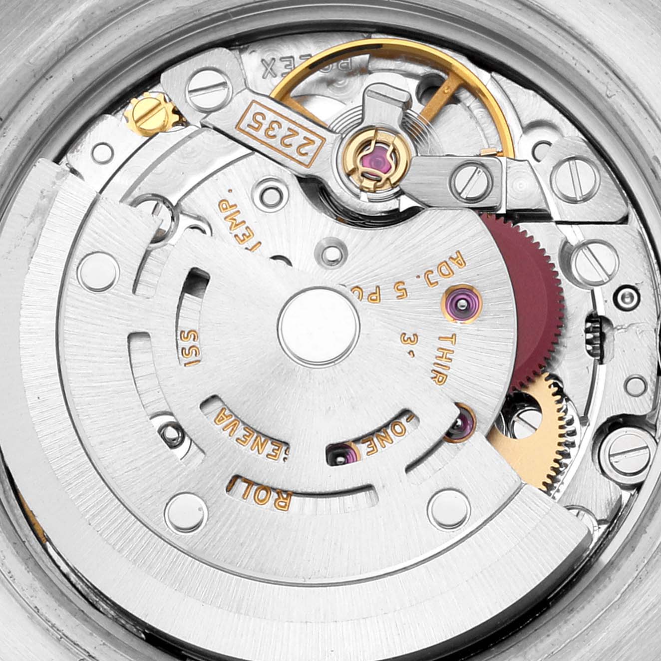 This image shows a close-up of the inner mechanical movement of a Rolex Datejust 179163 Women's Steel and Gold (two tone) White Dial 179163 Women's Steel and Gold (two tone) White Dial watch.