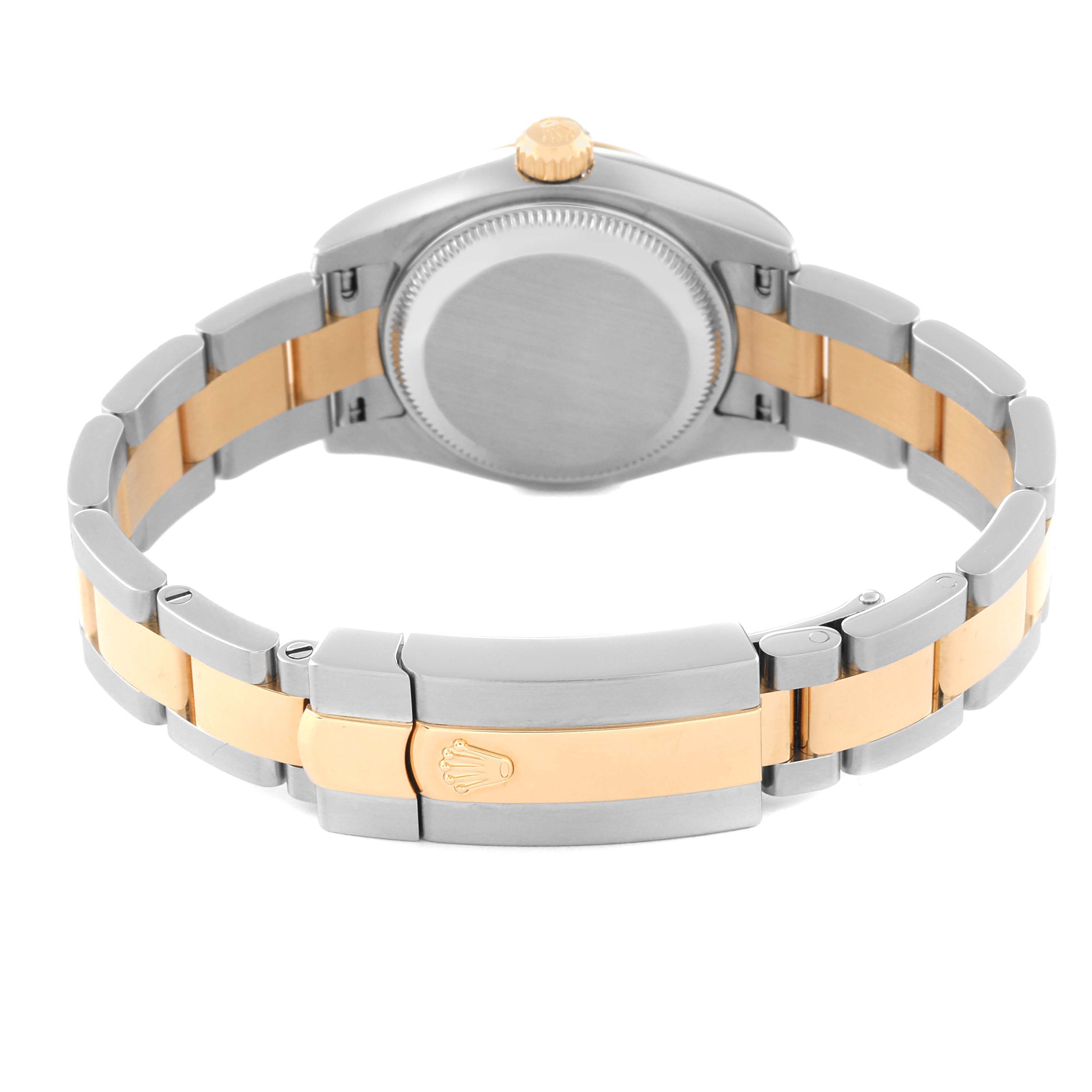 The image shows the back view of the Rolex Datejust 179163 Women's Steel and Gold (two tone) White Dial 179163 Women's Steel and Gold (two tone) White Dial watch, highlighting the two-tone bracelet and clasp with the Rolex logo.