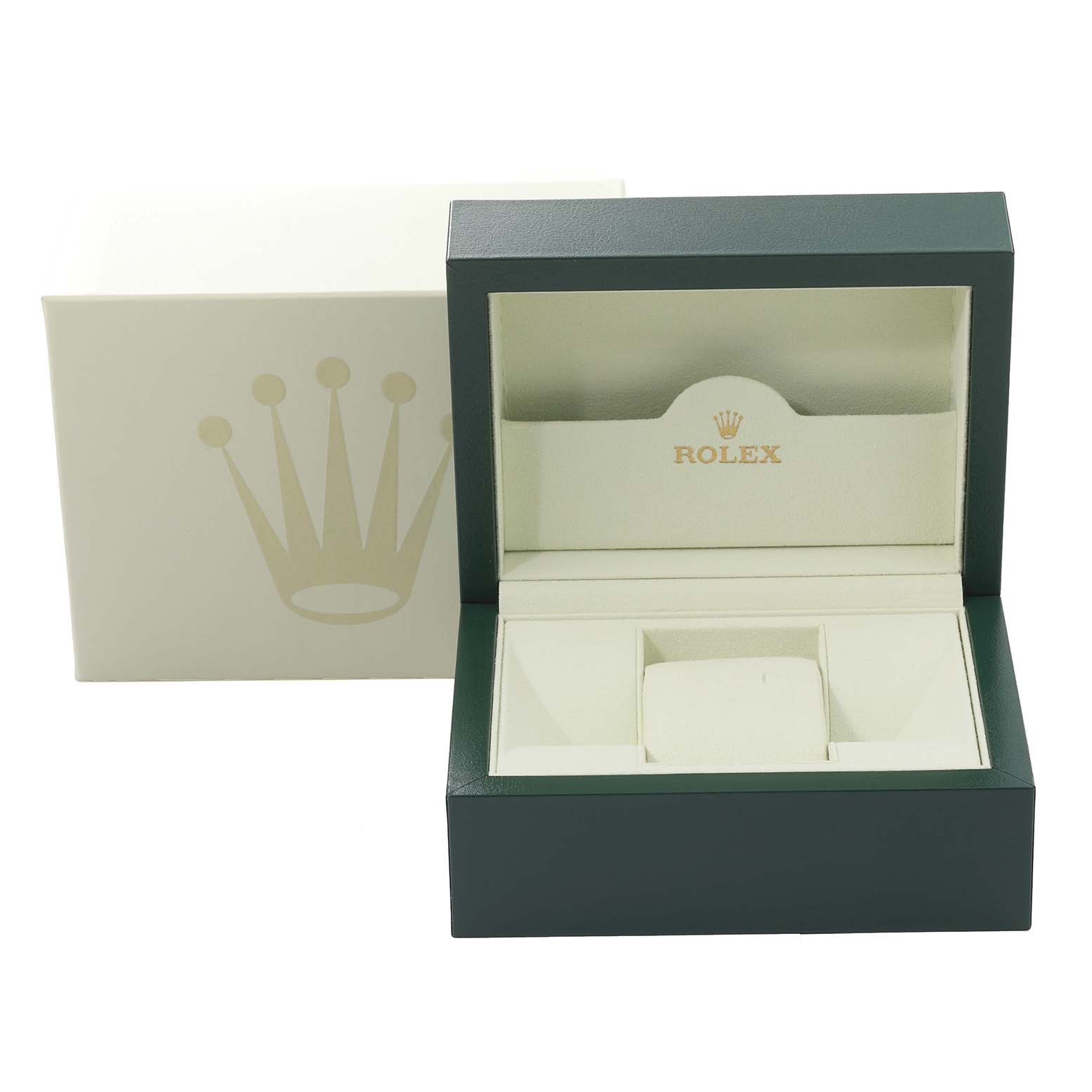 The image shows an open Rolex Datejust 179163 Women's Steel and Gold (two tone) White Dial 179163 Women's Steel and Gold (two tone) White Dial watch box and its outer box, both displaying the Rolex logo.