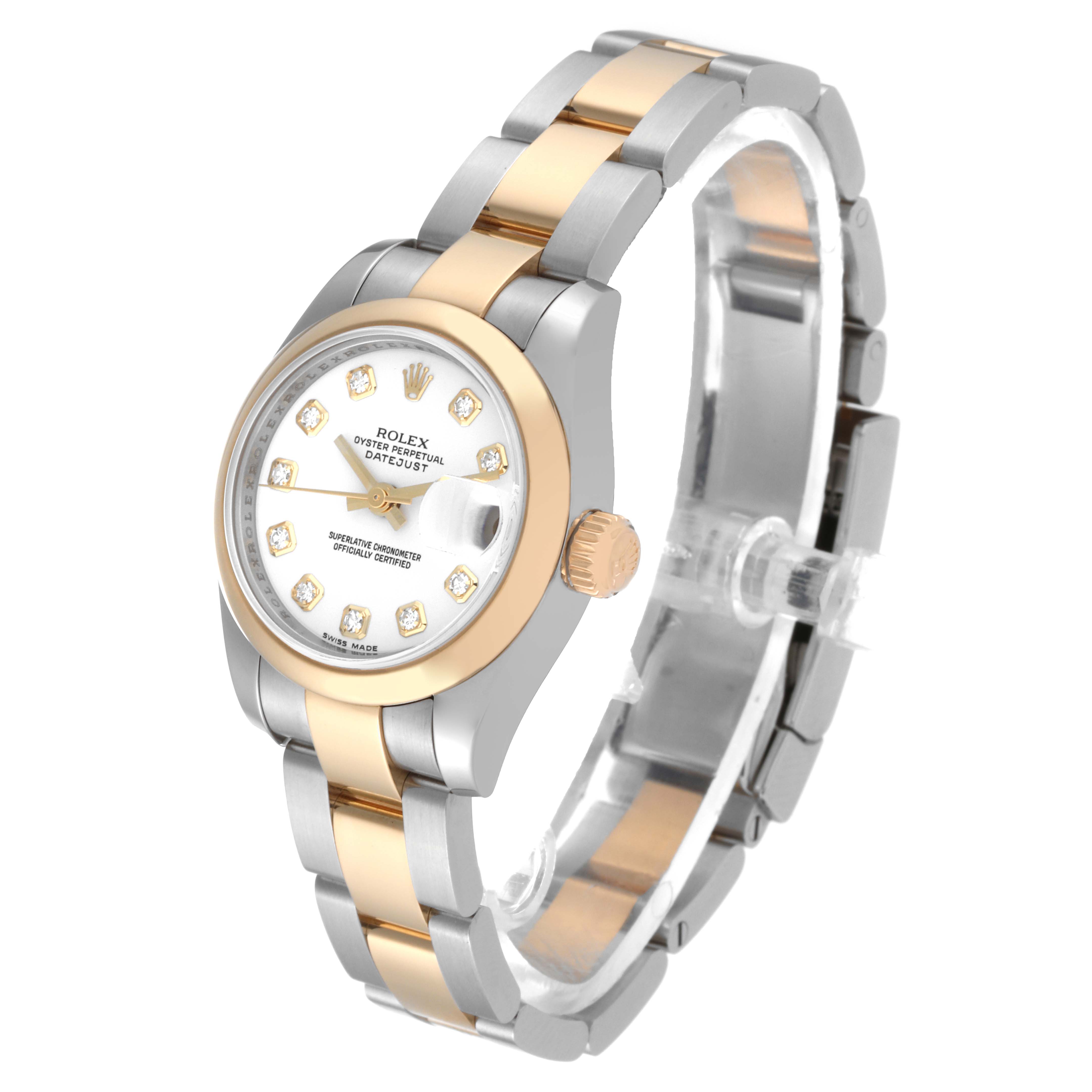 The image shows an angled view of a Rolex Datejust 179163 Women's Steel and Gold (two tone) White Dial 179163 Women's Steel and Gold (two tone) White Dial watch, featuring a silver and gold bracelet and a diamond-set dial.