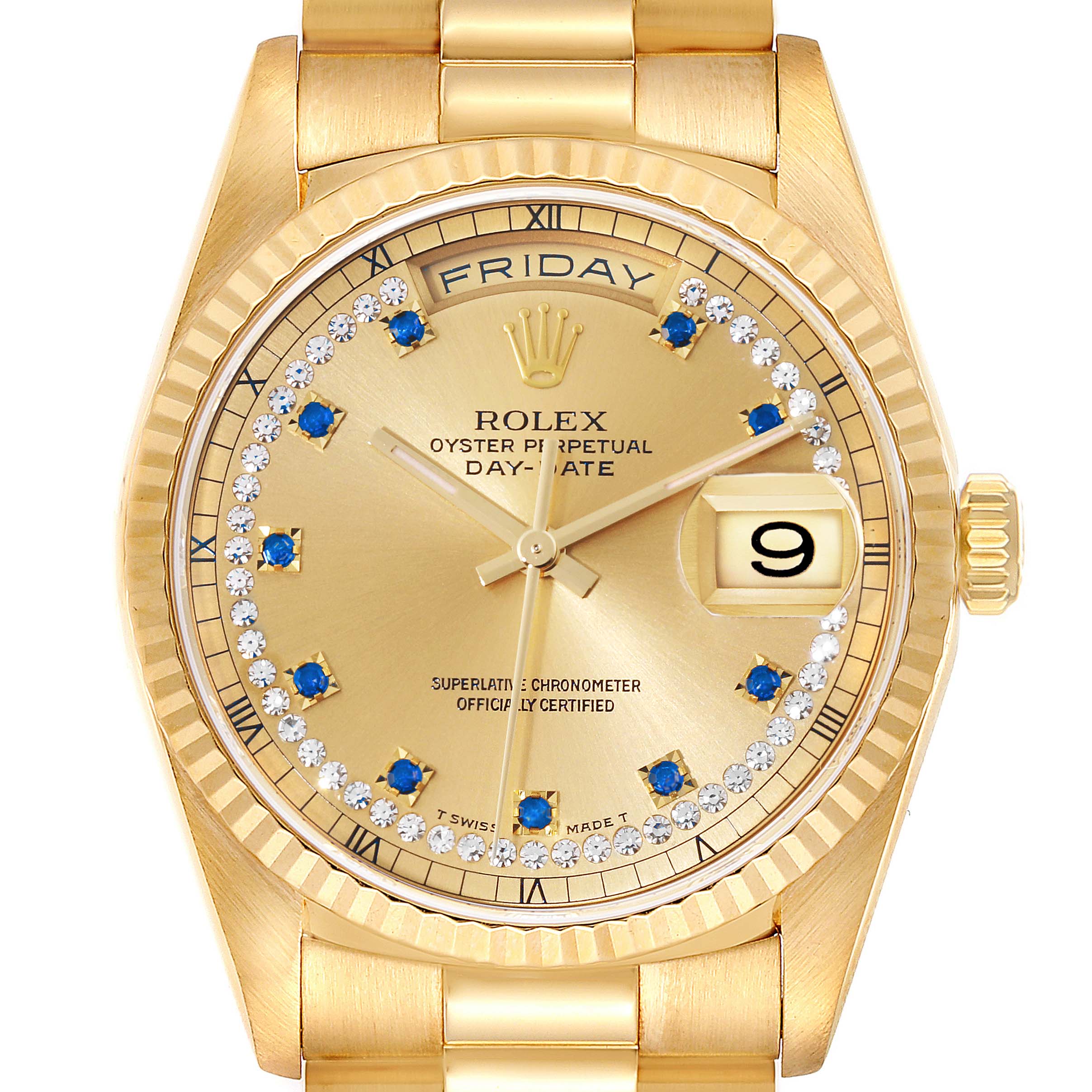 This image shows a front view of the Rolex President 18238 Men
s Yellow Gold Champagne Dial 18238 Men
s Yellow Gold Champagne Dial model watch, highlighting its face, bracelet, and dial details.