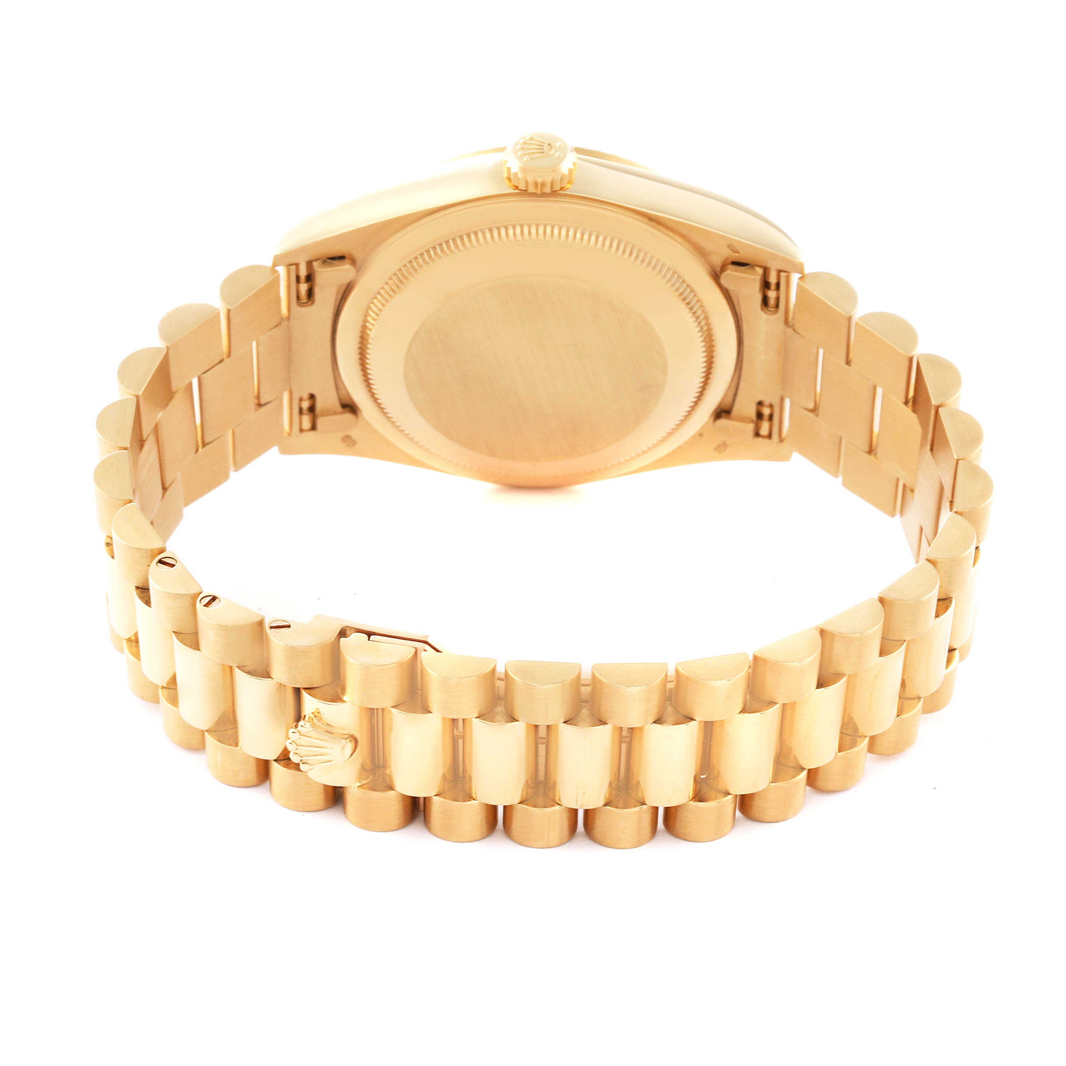 The image shows the back view of the Rolex President 18238 Men
s Yellow Gold Champagne Dial 18238 Men
s Yellow Gold Champagne Dial model watch, highlighting its case back and bracelet.