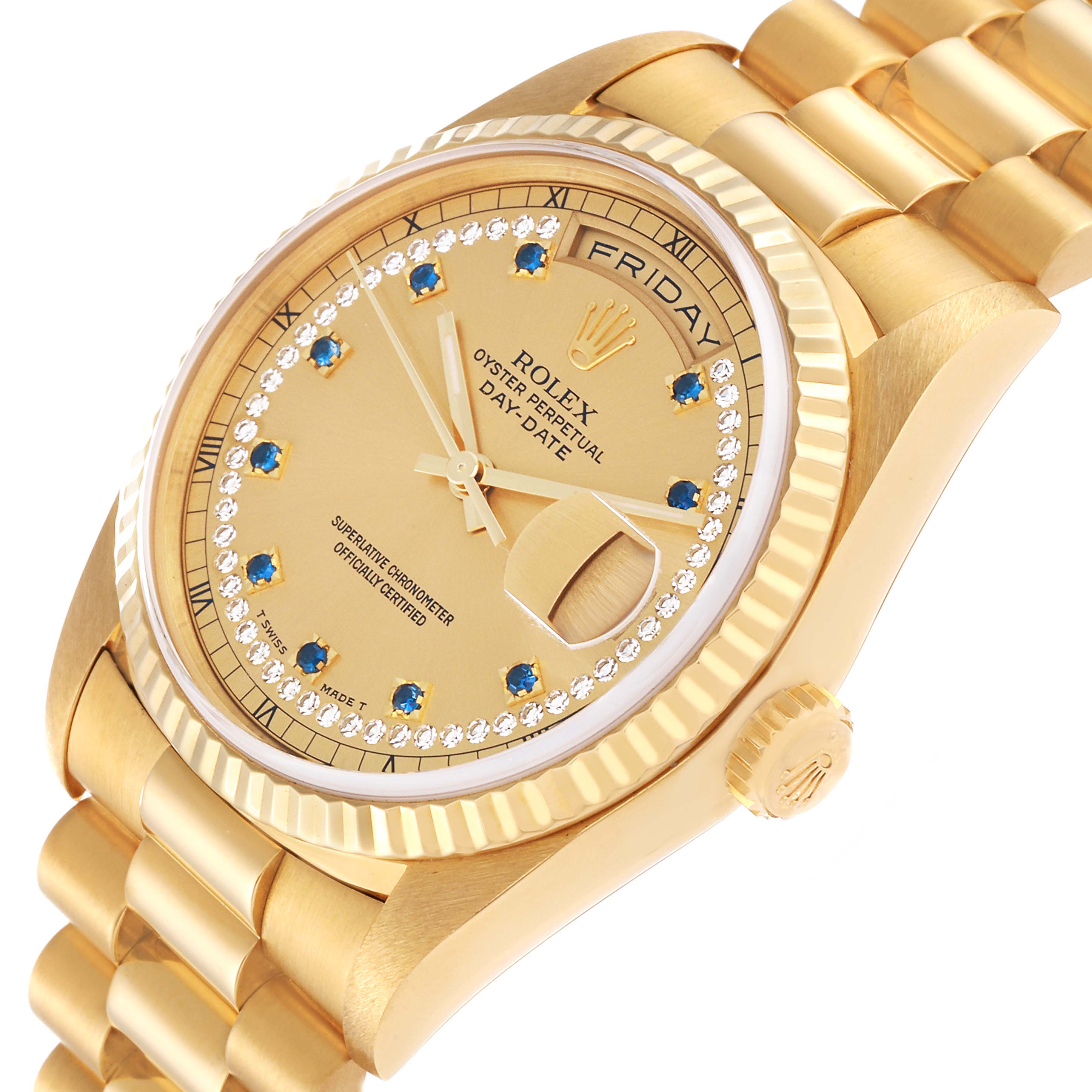 This image shows a side angle view of a Rolex President 18238 Men
s Yellow Gold Champagne Dial 18238 Men
s Yellow Gold Champagne Dial model watch, highlighting the gold case, bracelet, and diamond-encrusted dial.