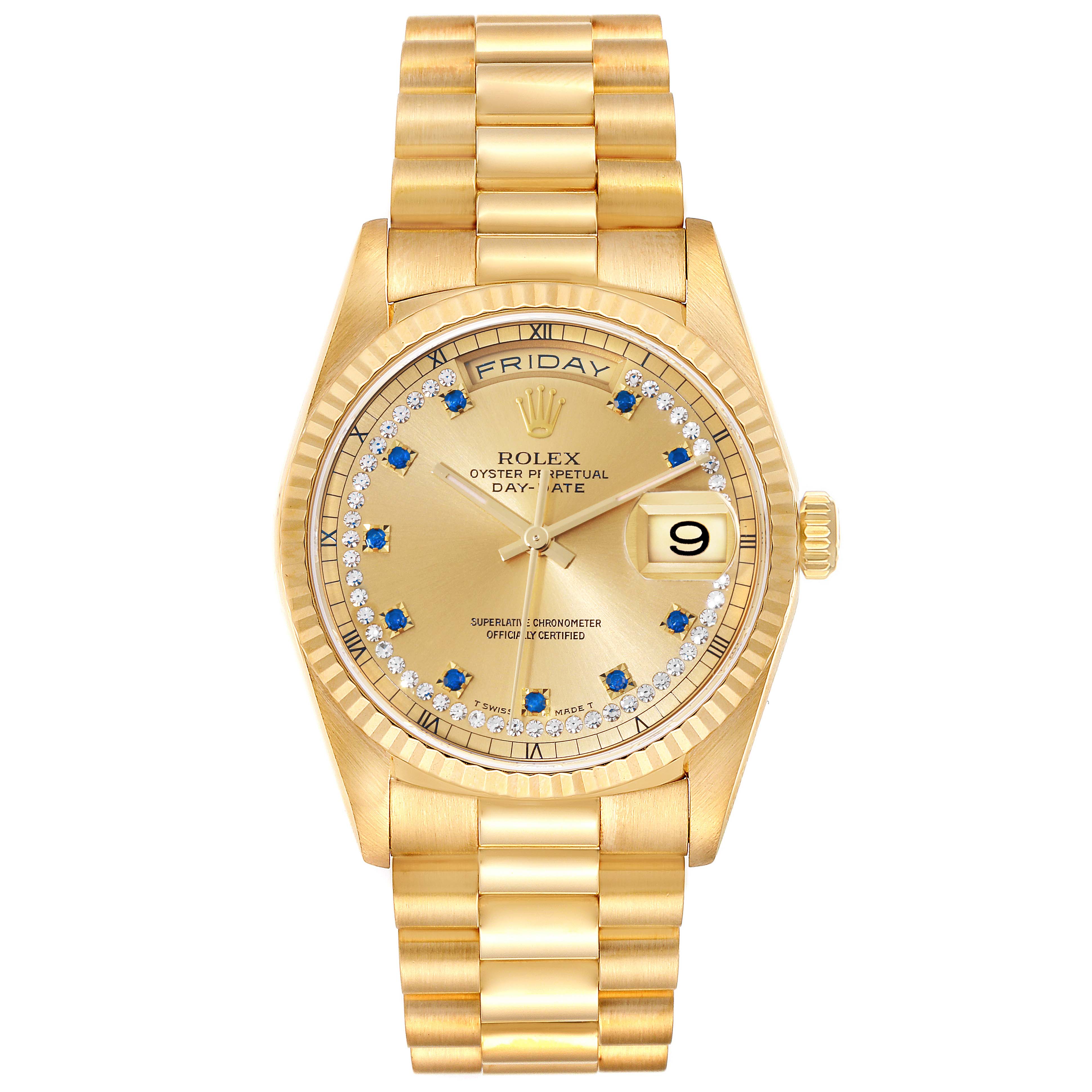 This image shows a Rolex President 18238 Men
s Yellow Gold Champagne Dial 18238 Men
s Yellow Gold Champagne Dial model watch from a top-down angle, highlighting its gold bracelet, dial, and day/date features.