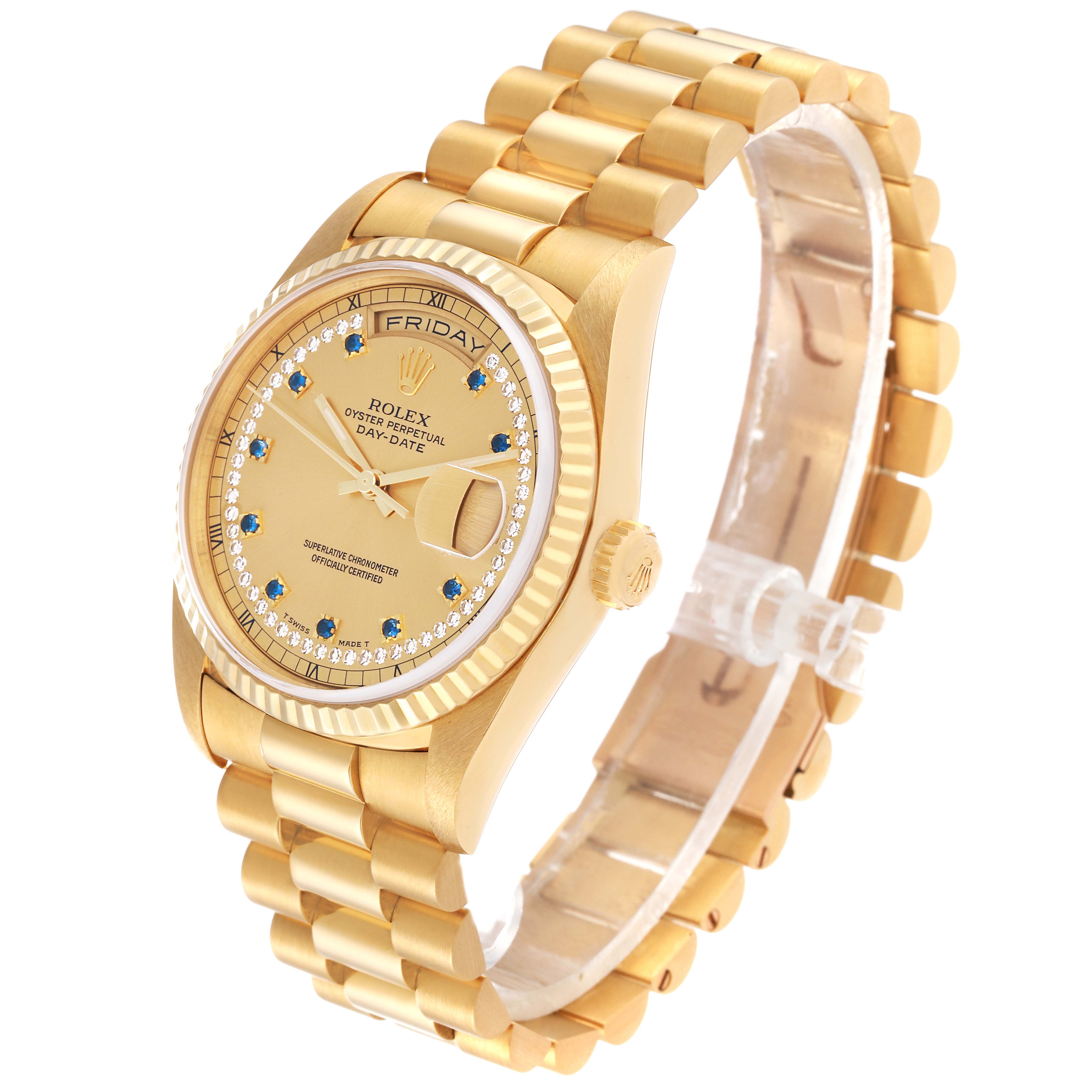 This image shows a Rolex President 18238 Men
s Yellow Gold Champagne Dial 18238 Men
s Yellow Gold Champagne Dial model watch from a three-quarter angle, displaying the dial, bezel, bracelet, and crown.