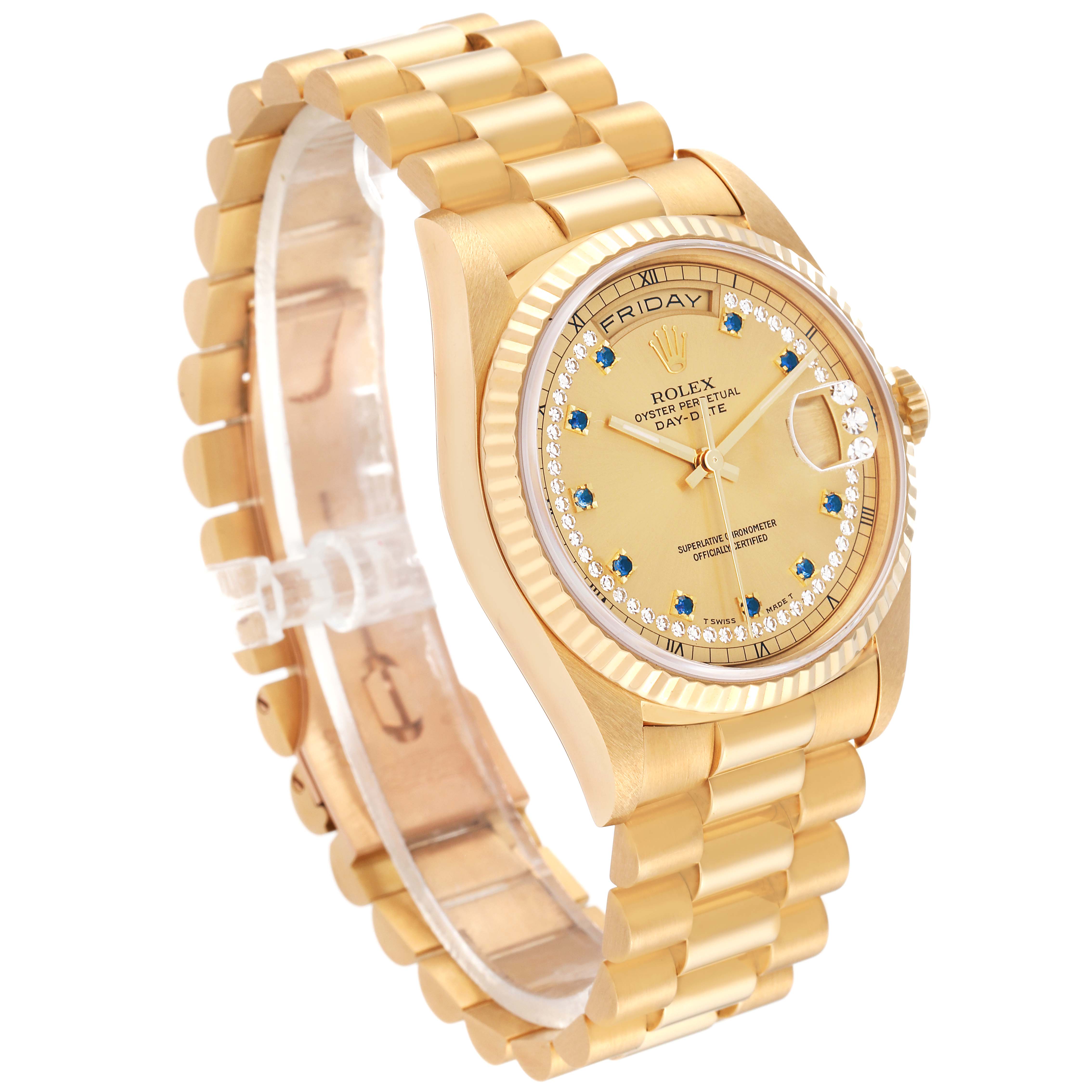 The image shows a side angle of the Rolex President 18238 Men
s Yellow Gold Champagne Dial 18238 Men
s Yellow Gold Champagne Dial model watch, highlighting its gold bracelet, case, and diamond-set dial.
