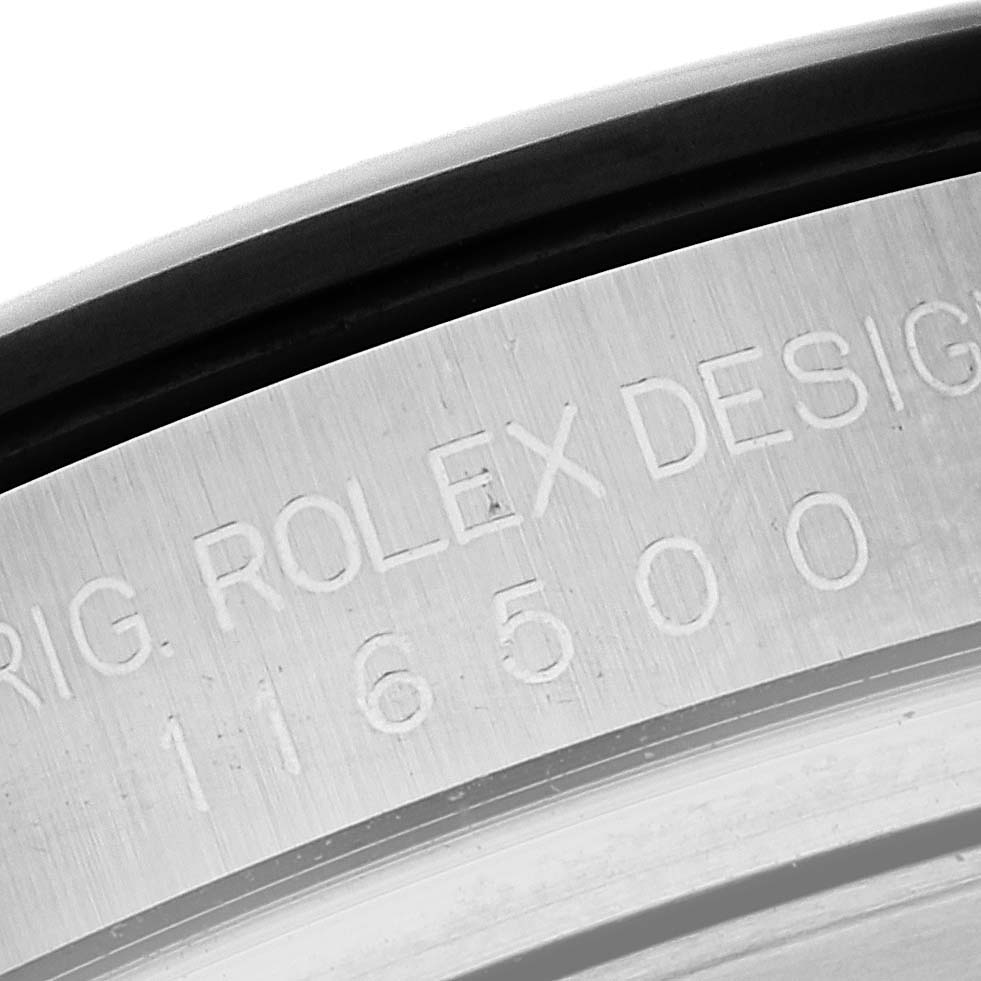 Close-up of the Rolex Daytona 116500LN Men's Stainless Steel White Dial 116500LN Men's Stainless Steel White Dial model's case, showing the engraved "Rolex Design 116500" text.