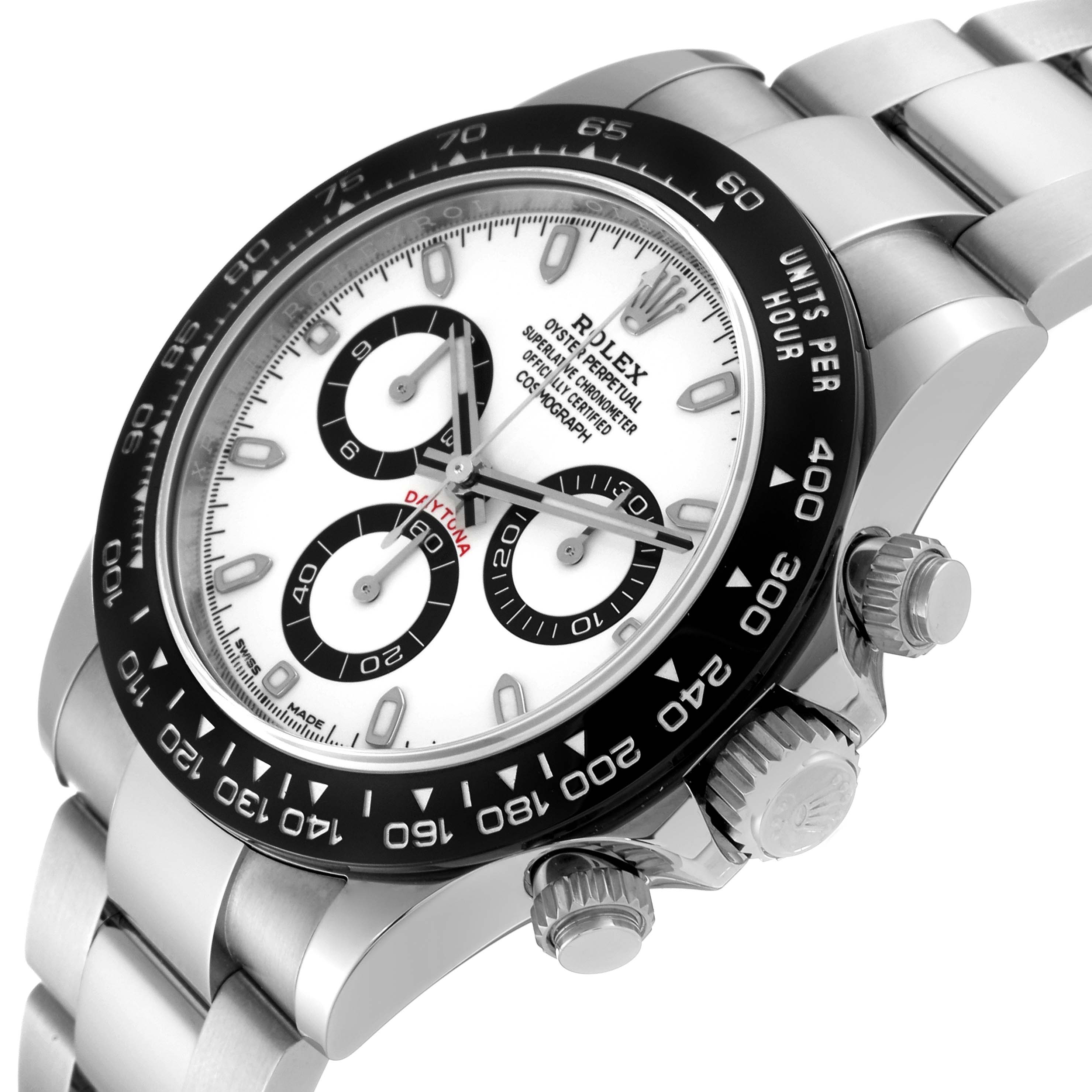 The image shows a close-up angled view of the Rolex Daytona 116500LN Men's Stainless Steel White Dial 116500LN Men's Stainless Steel White Dial watch face, bezel, crown, and upper part of the bracelet.
