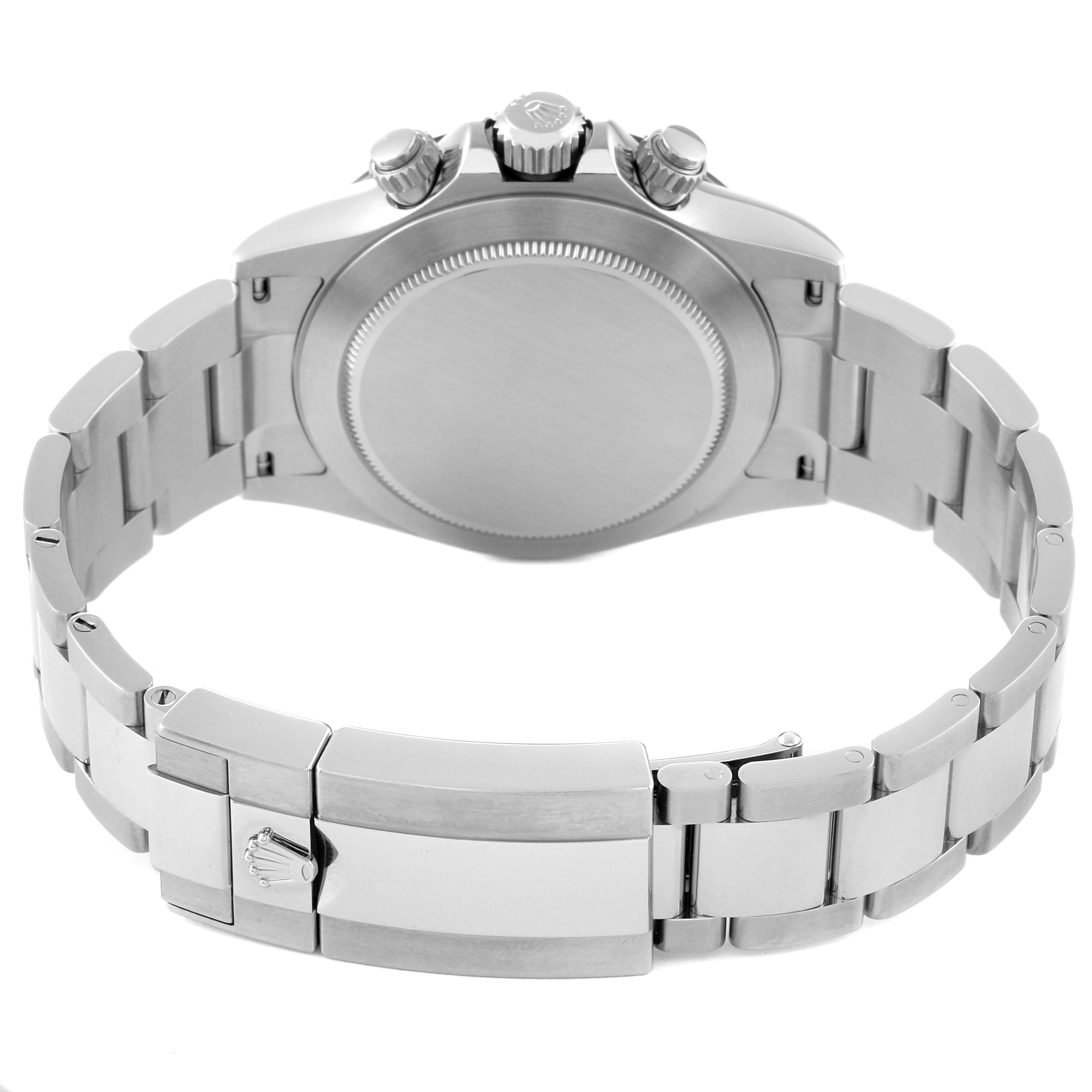 This image shows the back view of the Rolex Daytona 116500LN Men's Stainless Steel White Dial 116500LN Men's Stainless Steel White Dial watch, focusing on its case back, bracelet, and clasp.