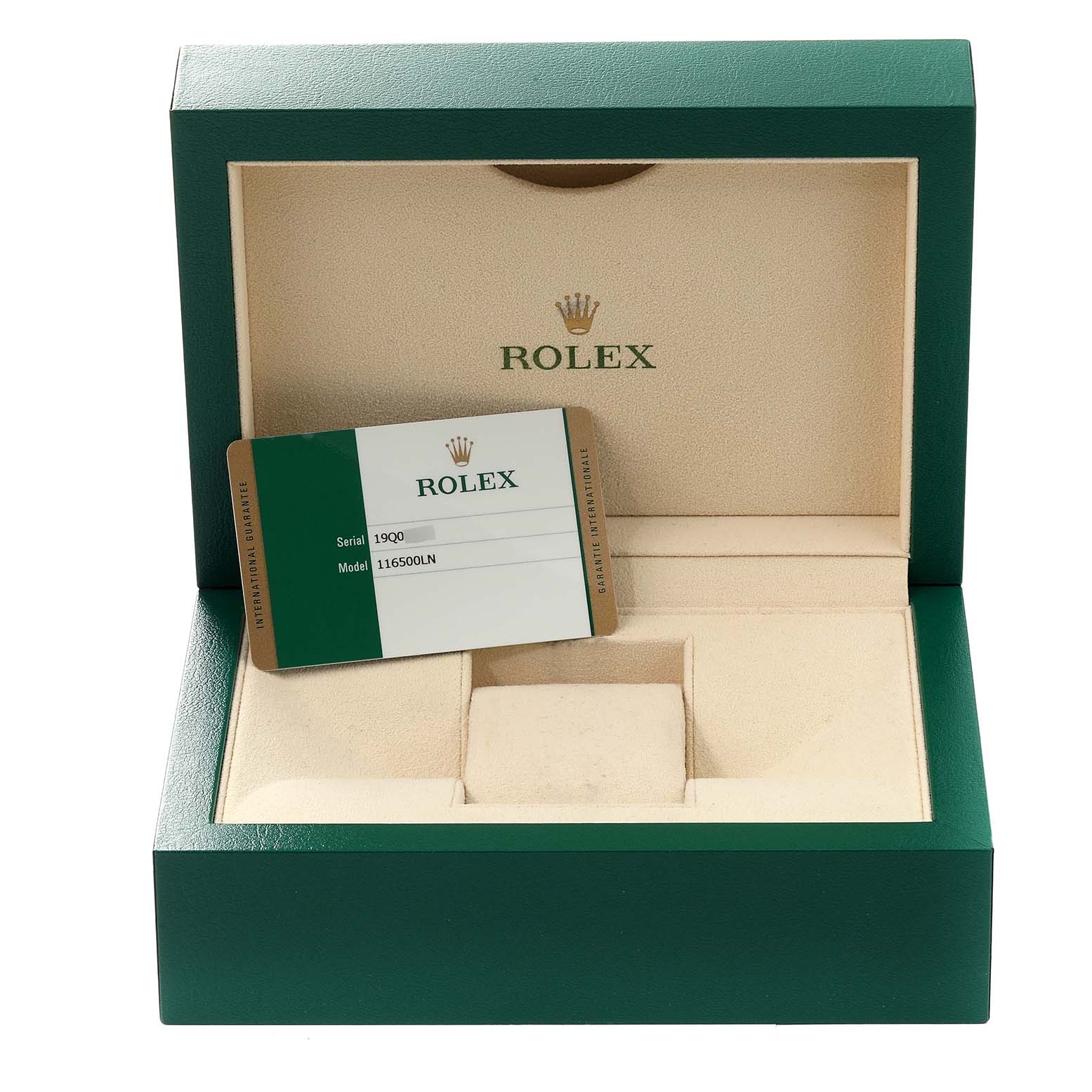 The image displays an open green Rolex box for a Daytona model, featuring the watch's ID card inside.
