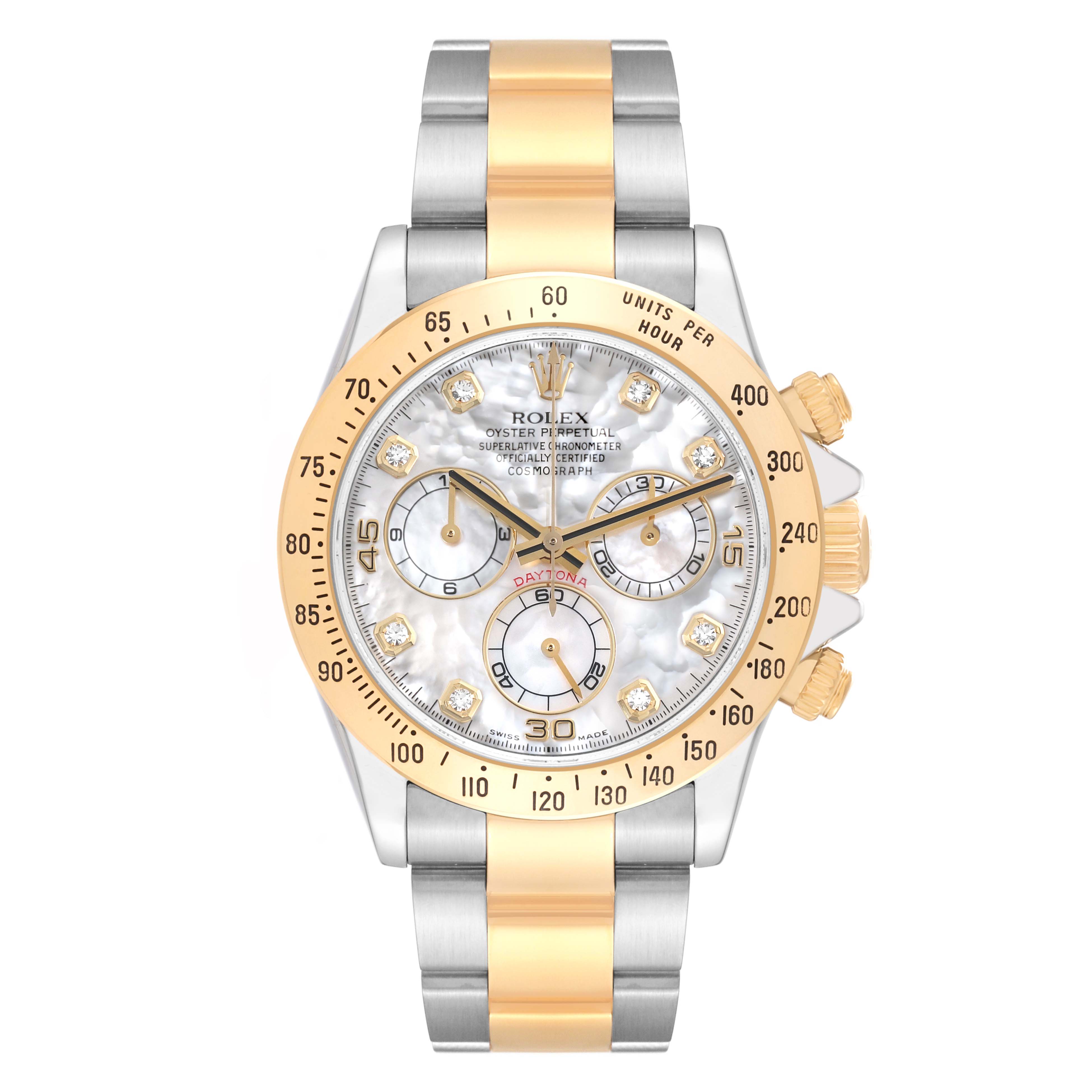 The image shows a front view of a Rolex Daytona 116523 Men's Steel and Gold (two tone) Mother of Pearl Dial 116523 Men's Steel and Gold (two tone) Mother of Pearl Dial watch with a white dial, gold accents, and a two-tone metal bracelet.