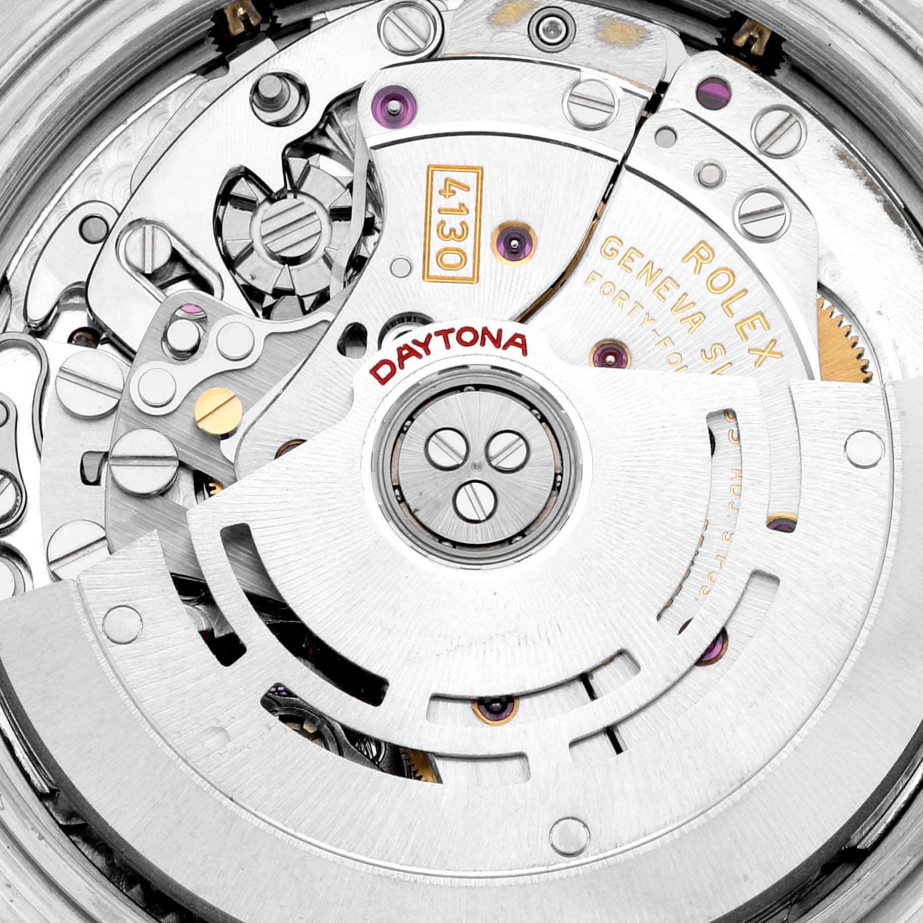 The image shows the internal movement mechanism of a Rolex Daytona 116523 Men's Steel and Gold (two tone) Mother of Pearl Dial 116523 Men's Steel and Gold (two tone) Mother of Pearl Dial watch, highlighting its intricate components and craftsmanship.
