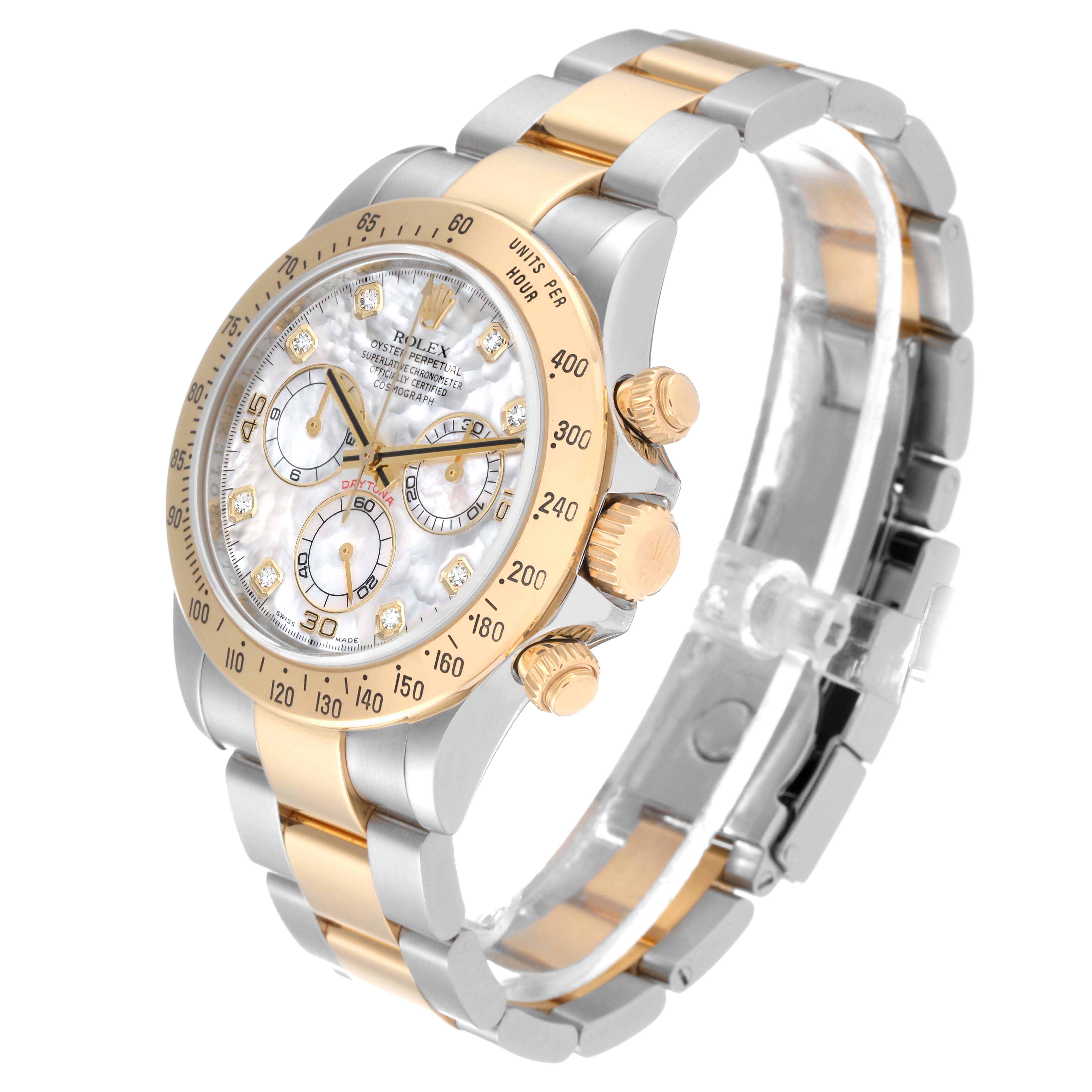 The image shows a Rolex Daytona 116523 Men's Steel and Gold (two tone) Mother of Pearl Dial 116523 Men's Steel and Gold (two tone) Mother of Pearl Dial watch, angled to display the face, bezel, and partially opened bracelet.