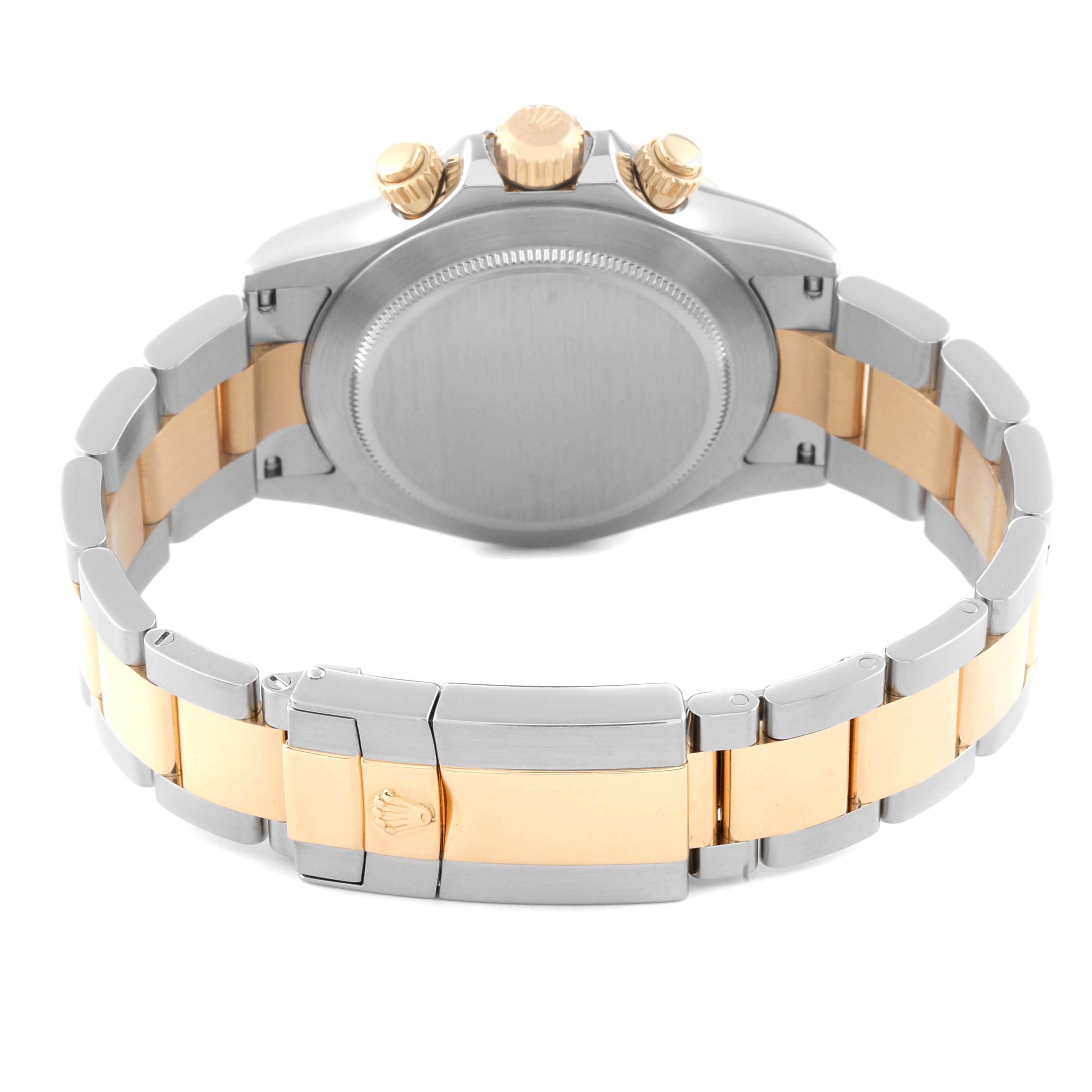 The image shows the back of a Rolex Daytona 116523 Men's Steel and Gold (two tone) Mother of Pearl Dial 116523 Men's Steel and Gold (two tone) Mother of Pearl Dial watch with its two-tone bracelet and clasp.