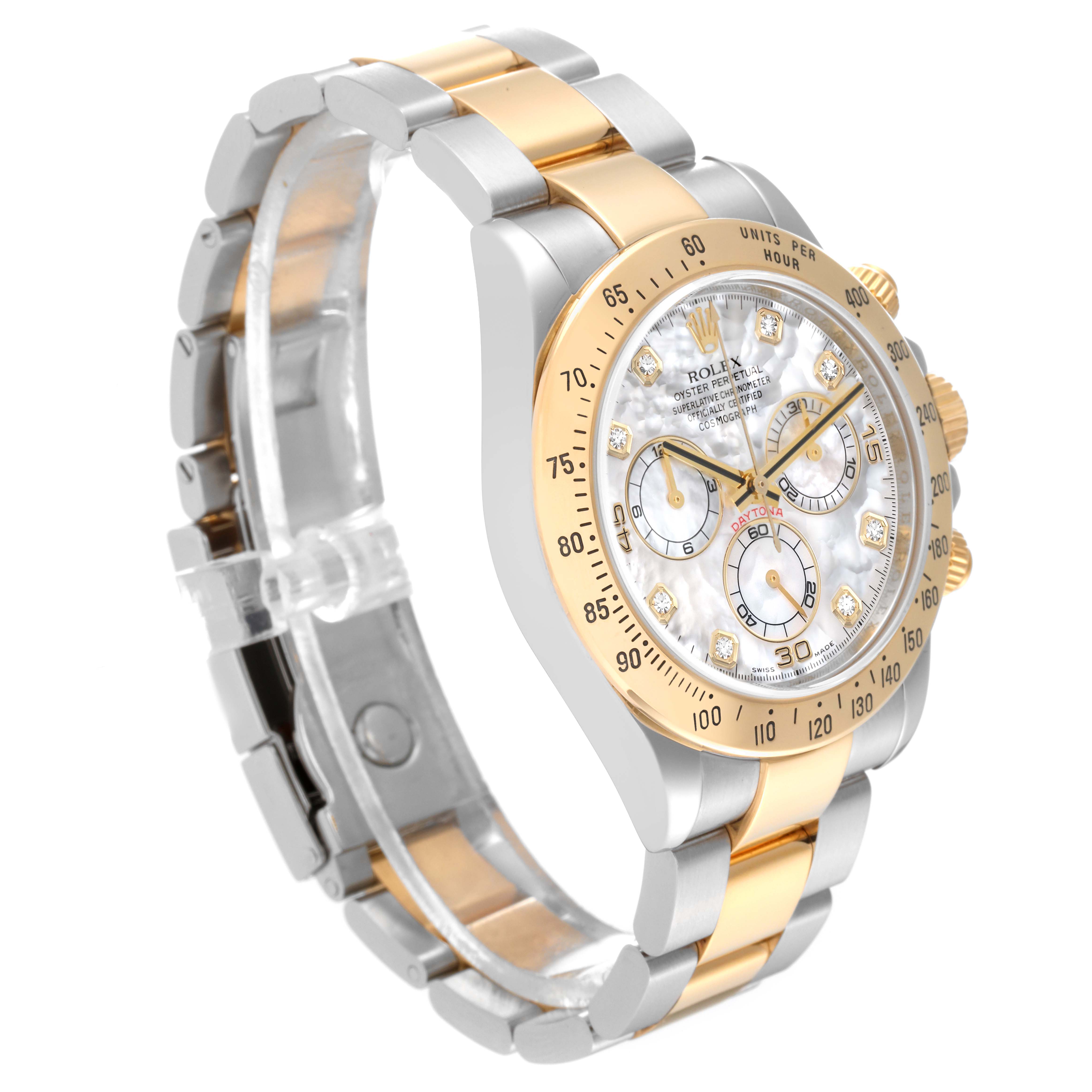 This image shows a Rolex Daytona 116523 Men's Steel and Gold (two tone) Mother of Pearl Dial 116523 Men's Steel and Gold (two tone) Mother of Pearl Dial watch at a three-quarter angle, highlighting the dial, bezel, and part of the bracelet.