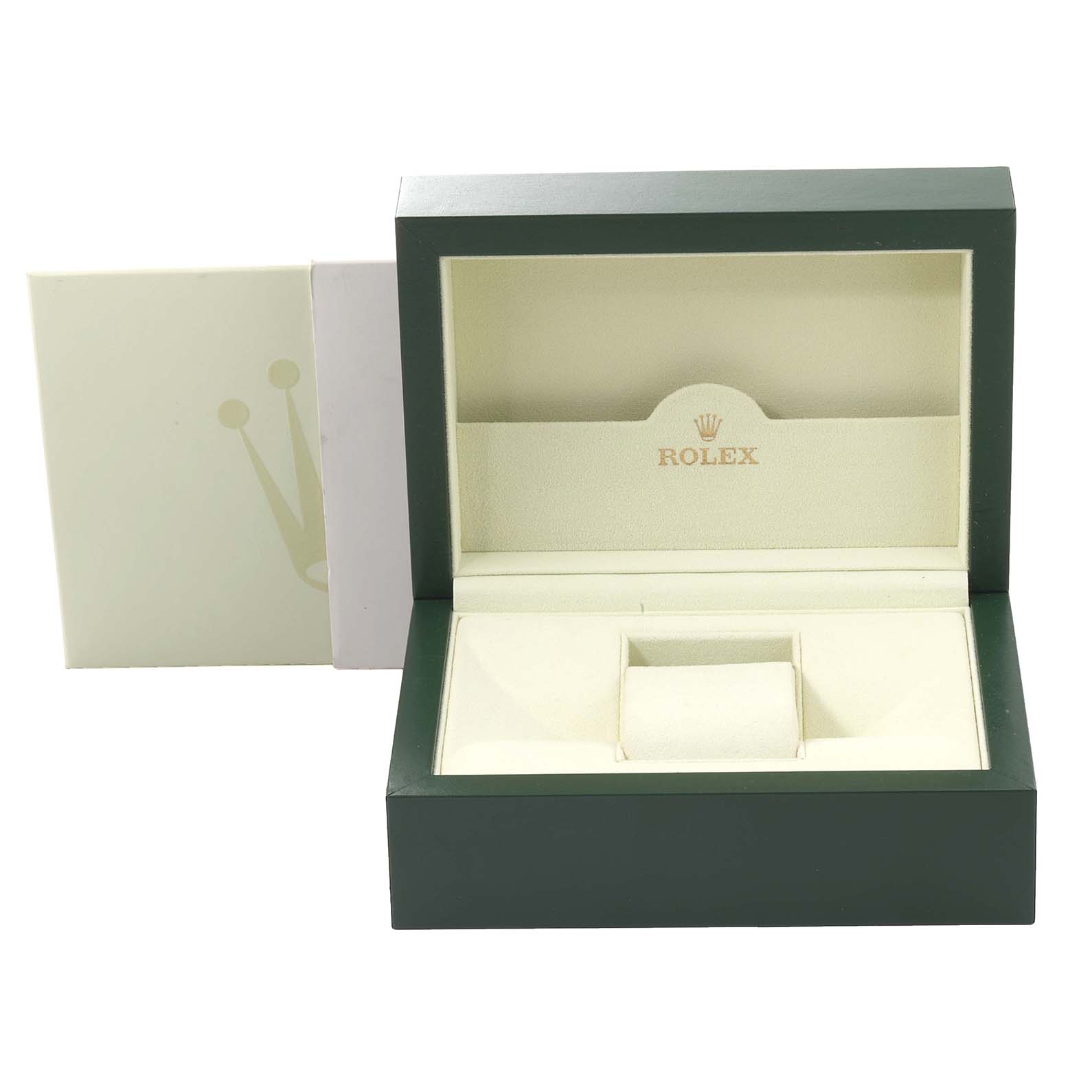 The image shows an open Rolex Daytona 116523 Men's Steel and Gold (two tone) Mother of Pearl Dial 116523 Men's Steel and Gold (two tone) Mother of Pearl Dial watch box from a front angle, with the inner cushion and branding visible.