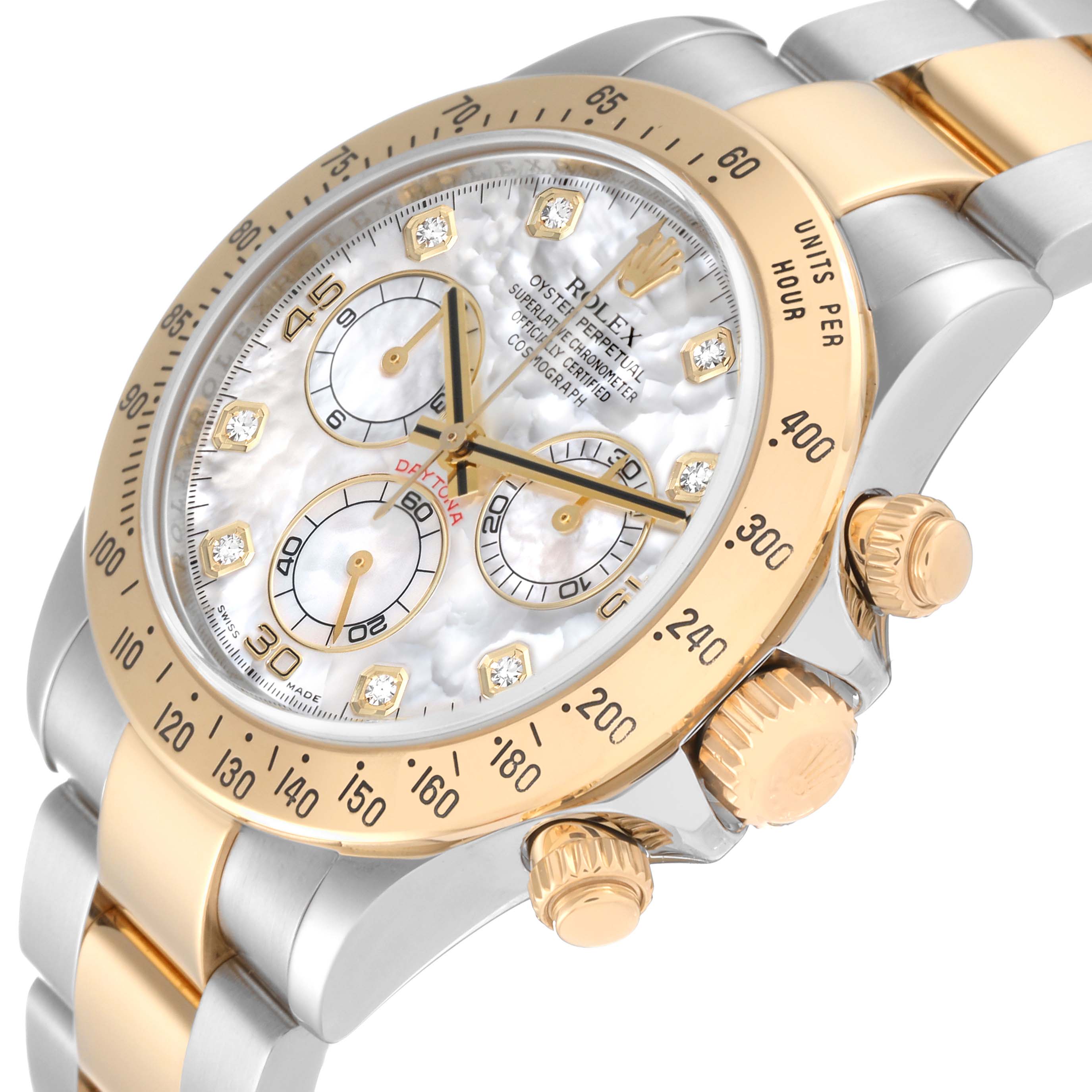 The image shows a close-up of the Rolex Daytona 116523 Men's Steel and Gold (two tone) Mother of Pearl Dial 116523 Men's Steel and Gold (two tone) Mother of Pearl Dial watch, highlighting the face, bezel, and crown from a side angle.