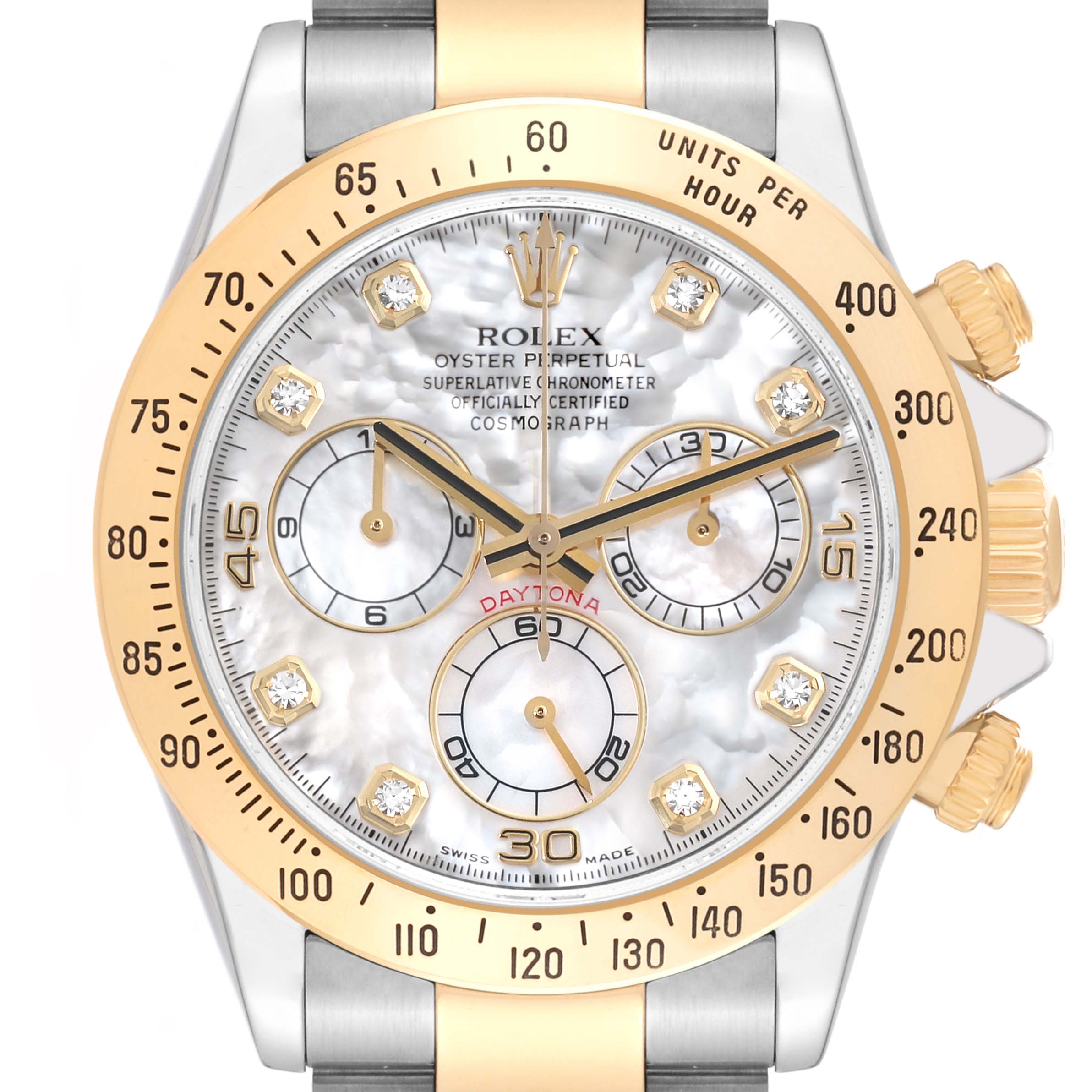 The image shows a frontal view of a Rolex Daytona 116523 Men's Steel and Gold (two tone) Mother of Pearl Dial 116523 Men's Steel and Gold (two tone) Mother of Pearl Dial watch, highlighting its dial, bezel, and chronograph subdials.