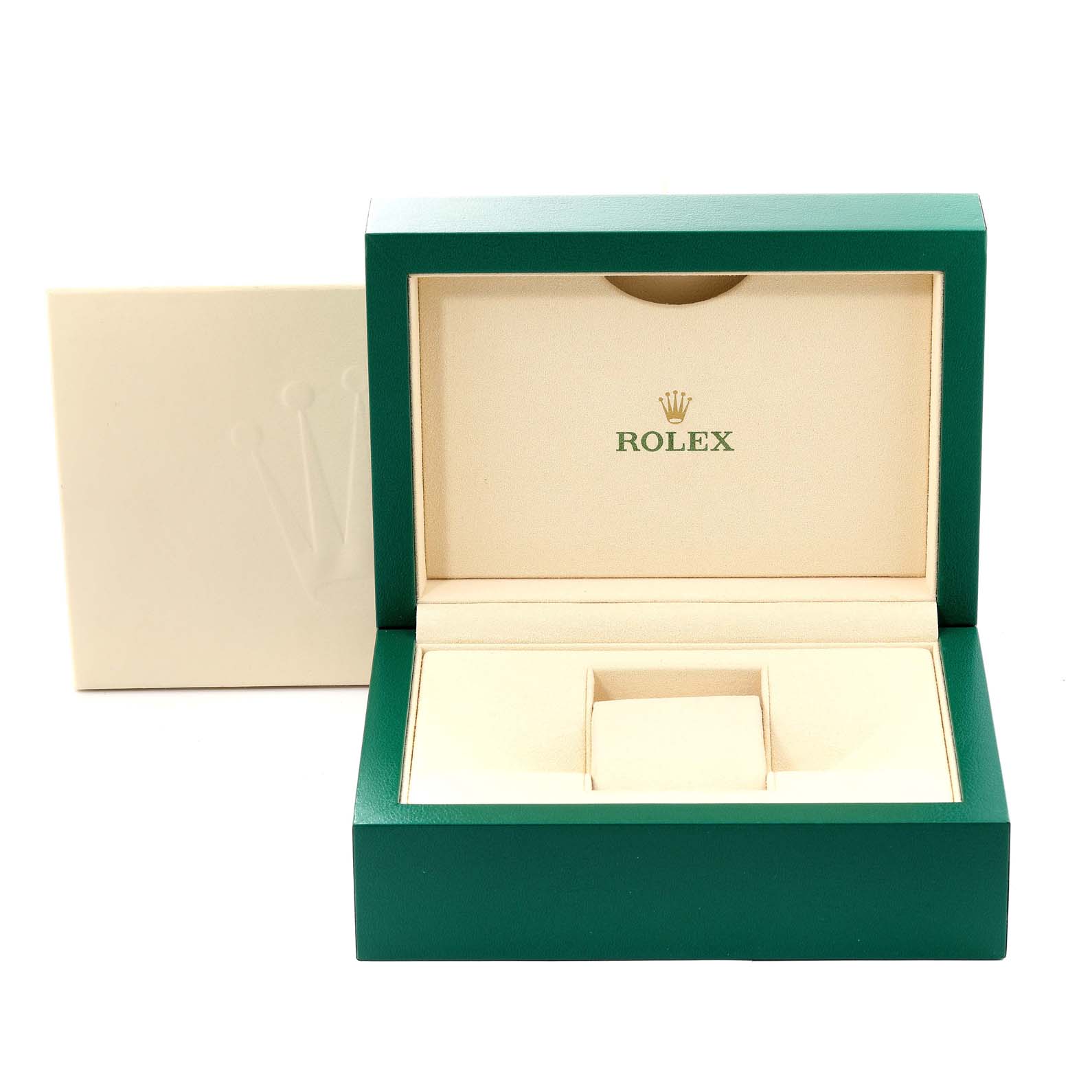 The image shows an open green Rolex box with a beige interior for the Explorer model.