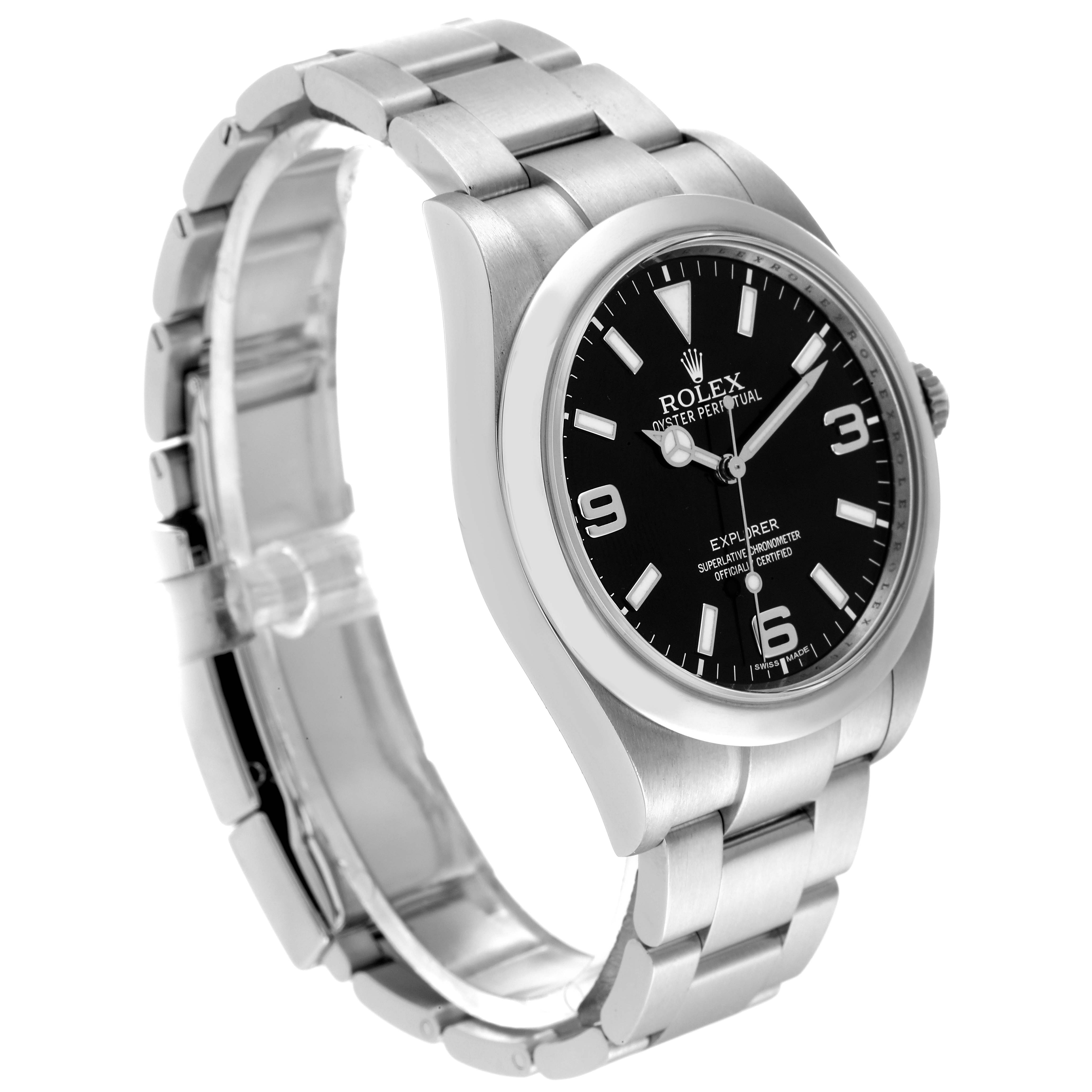 This image shows a side angle of the Rolex Explorer 214270 Men
s Stainless Steel Black Dial 214270 Men
s Stainless Steel Black Dial watch, highlighting the case, bracelet, and dial.