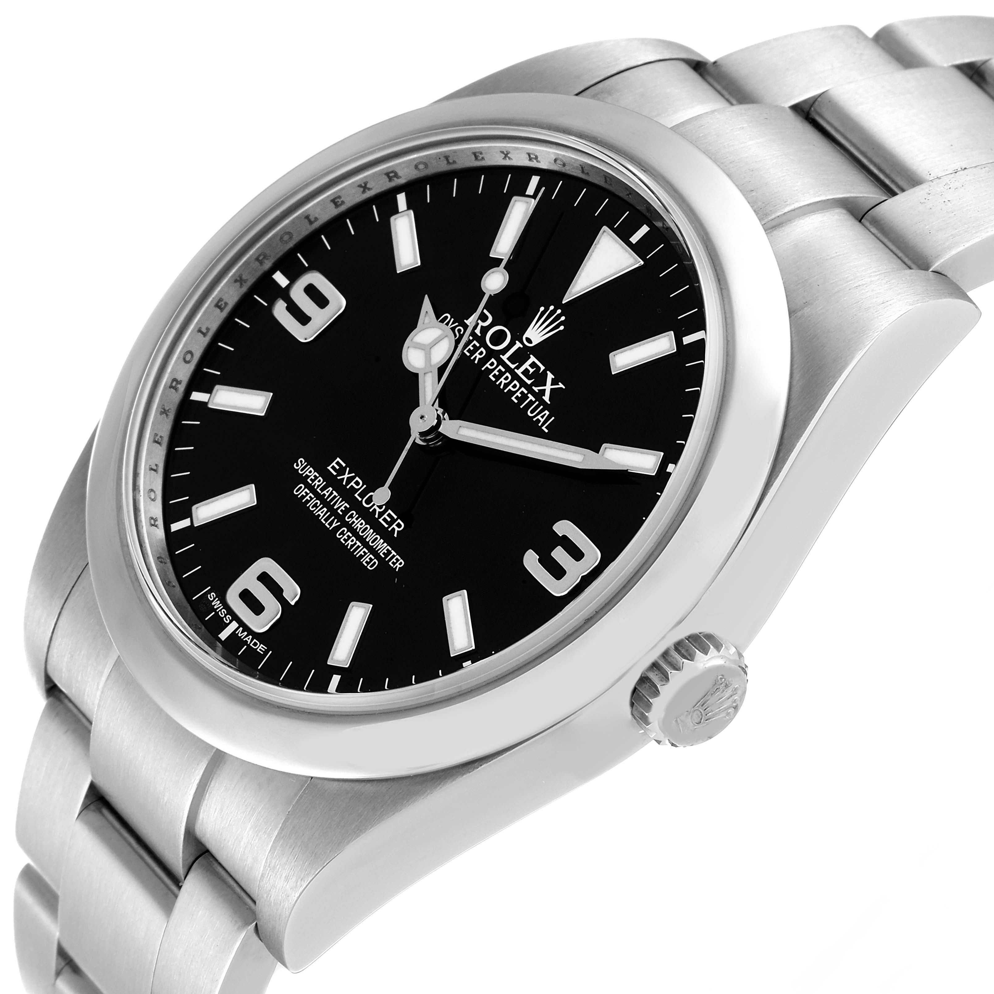 The image shows a Rolex Explorer 214270 Men
s Stainless Steel Black Dial 214270 Men
s Stainless Steel Black Dial watch at an angled view, revealing its black dial, crown, and stainless steel bracelet.